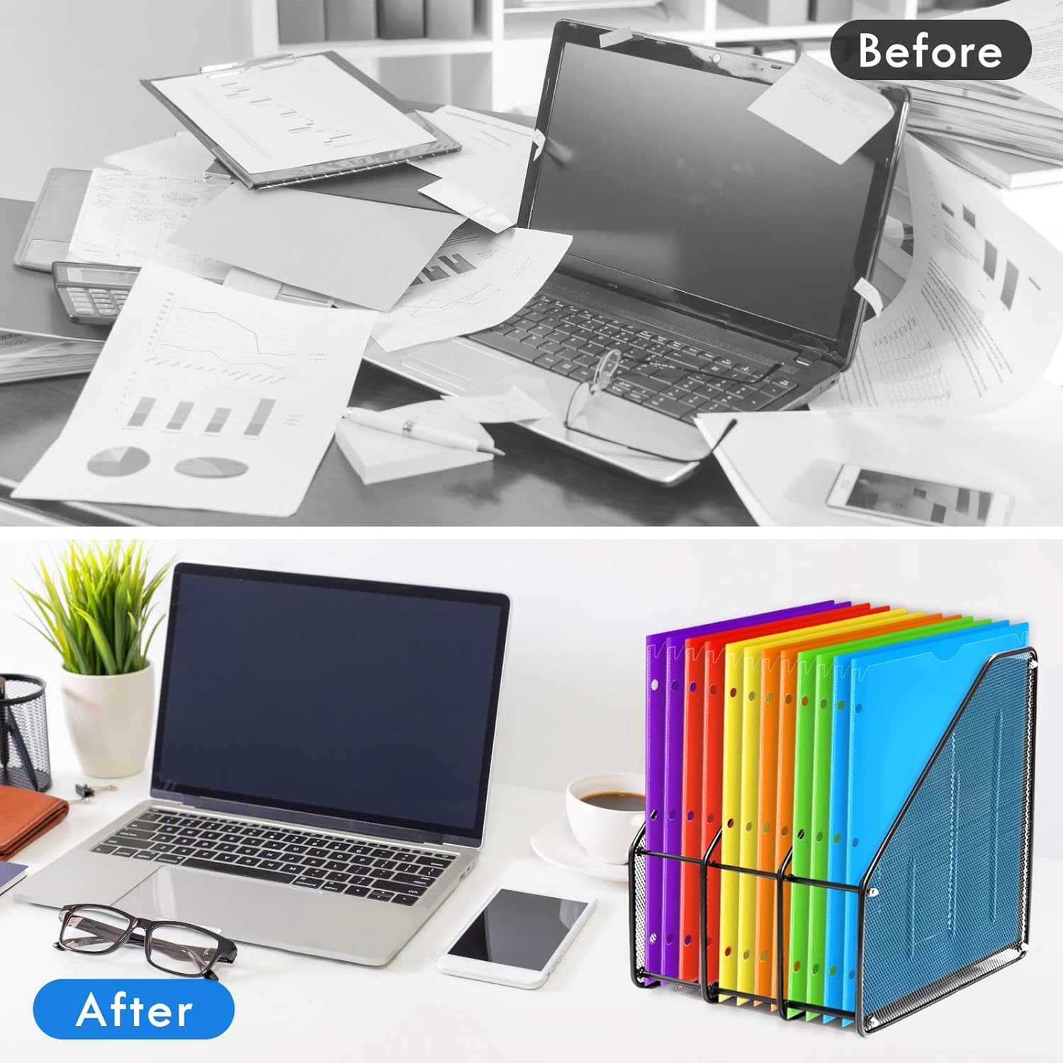 36 Pack 2 Pocket Folders with Clear Front Pocket and 3 Holes Punch, Plastic Folder for 3 Ring Binder, Heavy Duty Folders Bulk for Letter Size Paper, Multicolor Folders for School and Office Supplies