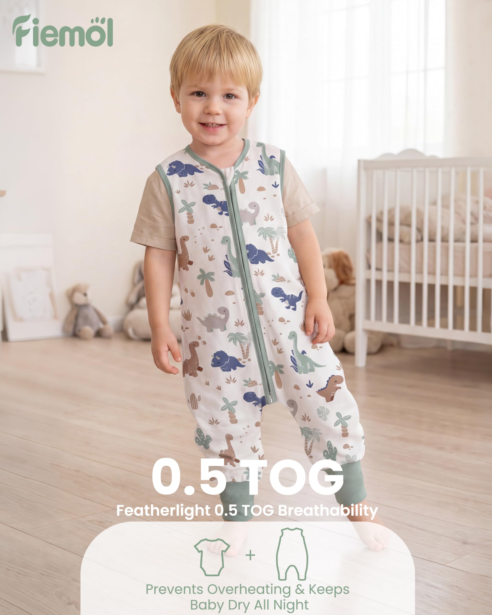 Gigoteuse avec Pied 18-24 Mois Enfant Turbulette avec Pied Legere 0,5 Tog 100% Coton Gigoteuse d'Été Bébé Fille Garcon Gigoteuses avec Jambes Dinosaure Vert