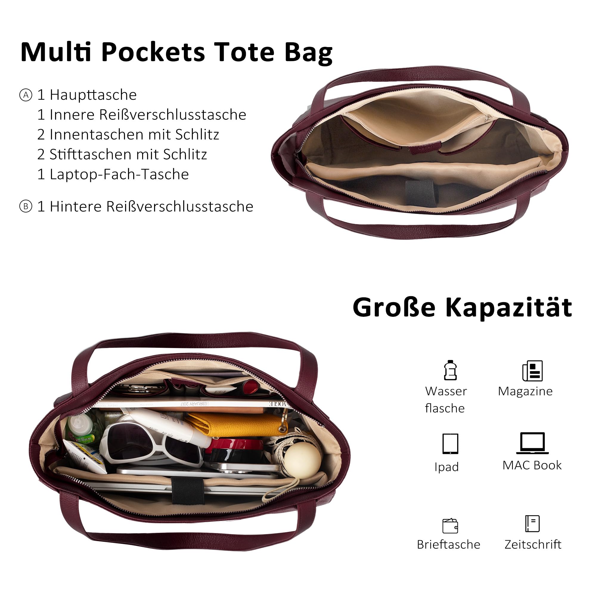 befen Echtleder Handtasche Damen Groß Shopper Tasche mit Laptopfach – Bild 3