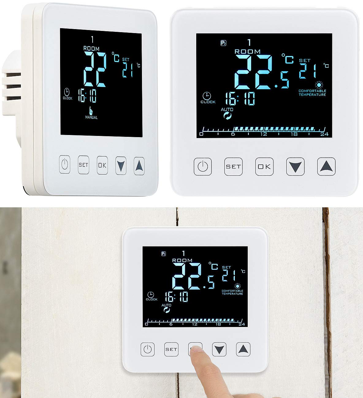 revolt termostato para Montaje en Pared: Set de 2 Termostatos de Pared, para calefacciones por Suelo Radiante, Blanco, programable