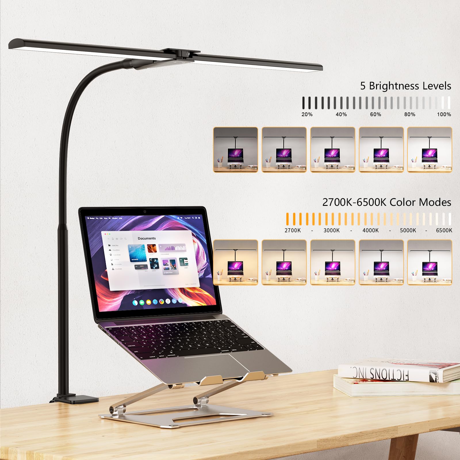 Schreibtischlampe LED Dimmbar 1200 Lumen Doppelkopf Klemmbar Augenschutz Schwanenhals Monitor Lampe Schwarz 5 Farbtemperatur-Helligkeitsstufen