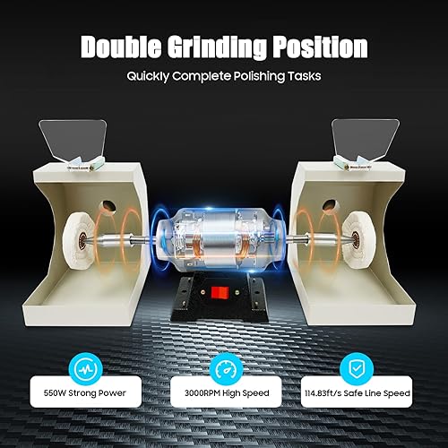 Miniatura 3 de Máquina pulidora de búfer de banco, 550 W, 110 V, 3000 rpm, amoladora doble con cubiertas a prueba de polvo, 2 ruedas de tela para pulir joyas,