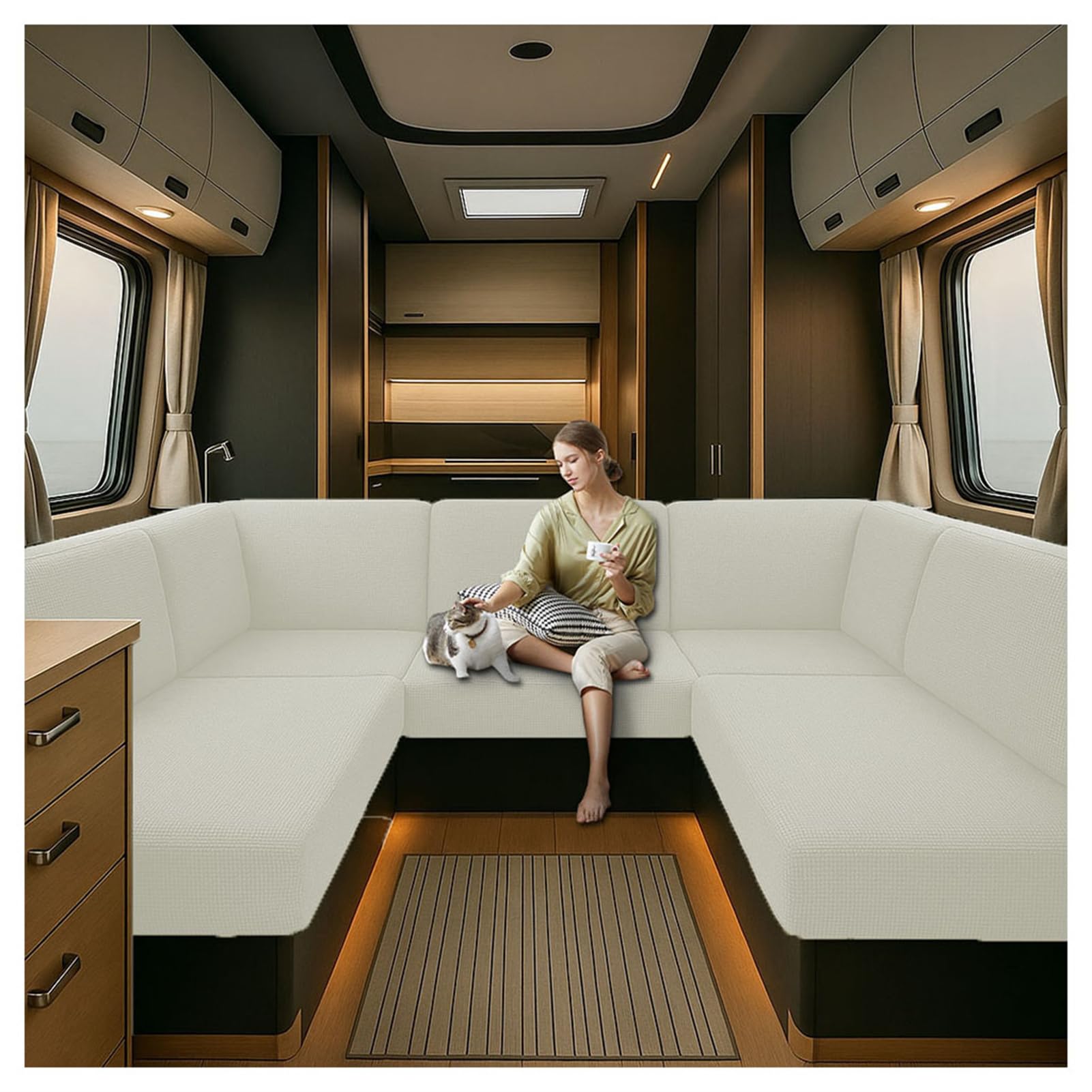 Caravan Seat Cover Waterproof Stretch Jacquard, Non-slip RV Dinette Cushion Covers with 2 Straps with Elastic Straps Multi-Size Fit for Camper, Motorhome & Indoor (White,W 155-185 cm, D 85-105 cm)