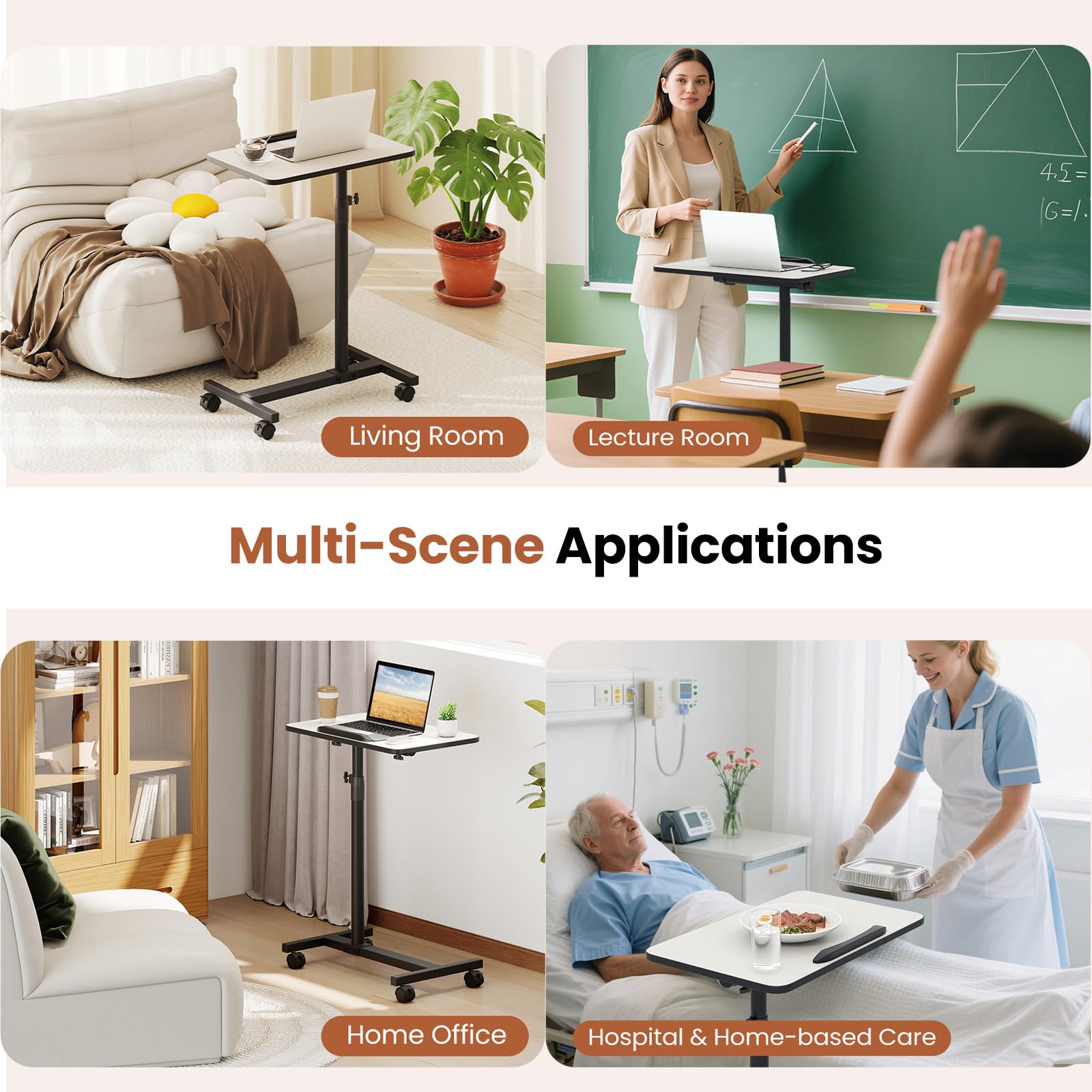 LIFEZEAL Mesa Auxiliar Ajustable en Altura, Bandeja Reclinable y Giratoria 360° en Forma de C, Mesa Enrollable Multifunción con Ruedas para Sofá, Cama, Oficina, 52 x 33 x 69-112 cm (Blanco)
