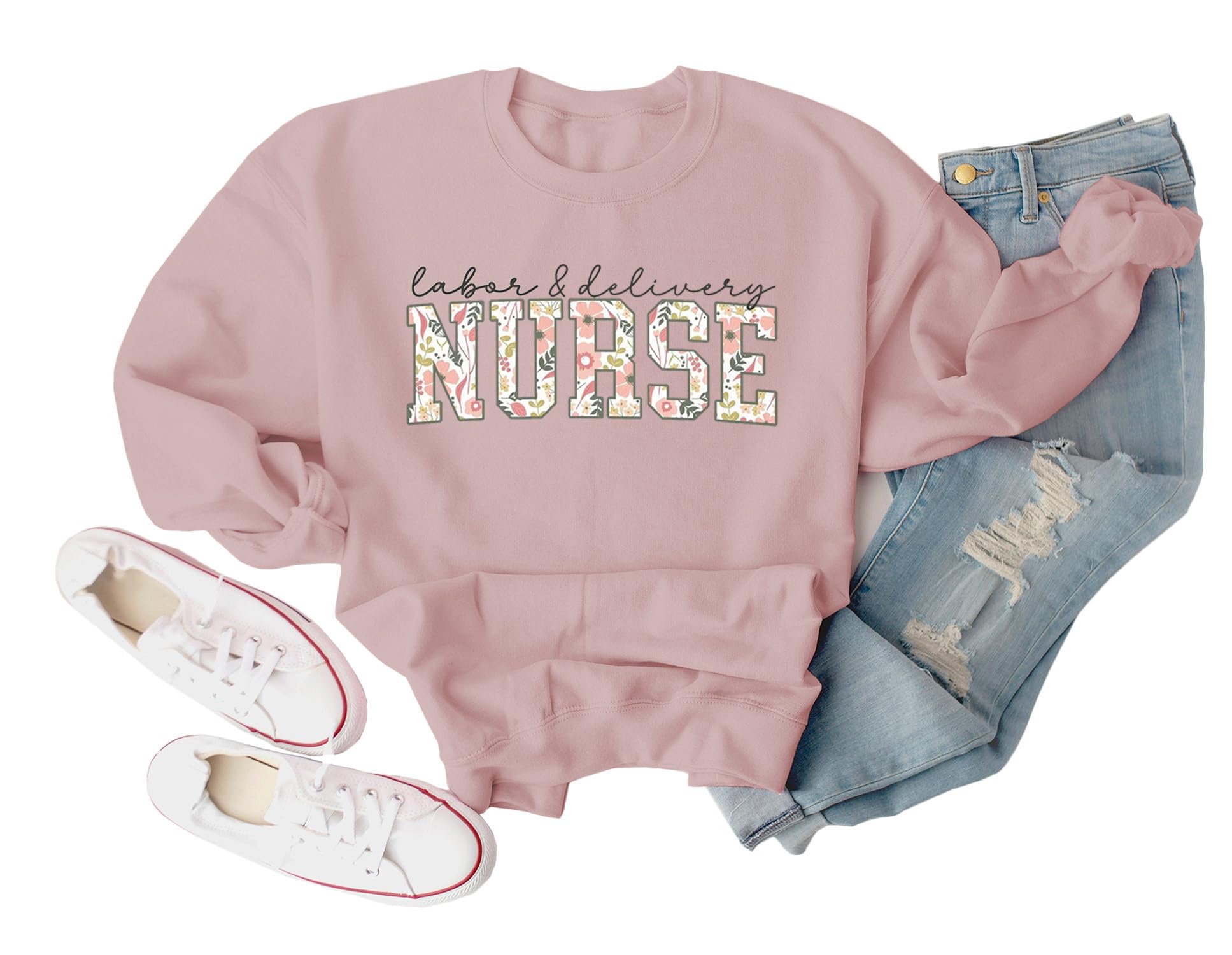 GXVUISLabor and Delivery Nurse Womens Sweatshirt Floral Casual Fall Winter Long Sleeve Crewneck Pullover Tops LD Nurse Gift