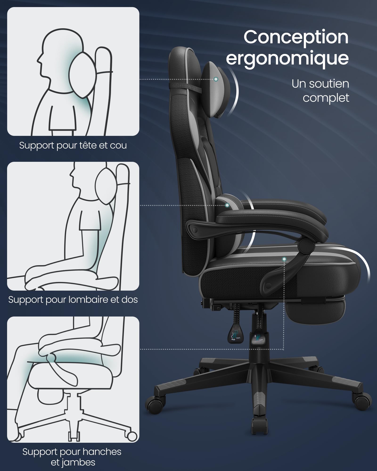 SONGMICS Fauteuil de Bureau, Chaise Gaming, RÉglable, Repose-pieds TÉlescopique, MÉcanisme À Bascule, Appui-tÊte, Support Lombaire, Charge 150 kg, Noir d'Encre et Gris Tourterelle OBG073B03