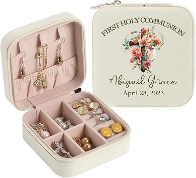 First Communion Gifts for Girls Granddaughter Custom Leather Jewelry Keepsake Box Personalized with Cross Name Date, Small Jewellery Travel Case Customized for Daughter Goddaughter