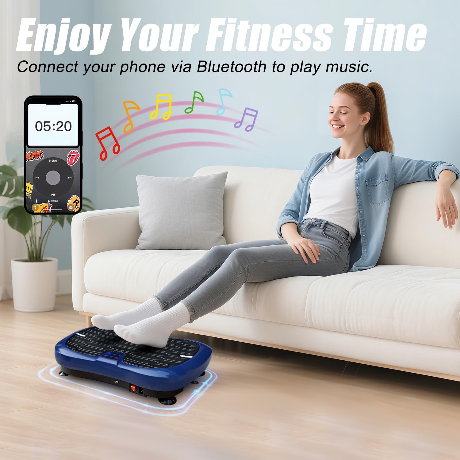 Triclicks Fitness Pedane Vibranti Ultra Slim , Piattaforma Vibrante , Fitness Pedana Vibrante e Oscillante | Altoparlanti Bluetooth | 2 Elastici | Telecomando | Musica | 180 Livelli | Portatile