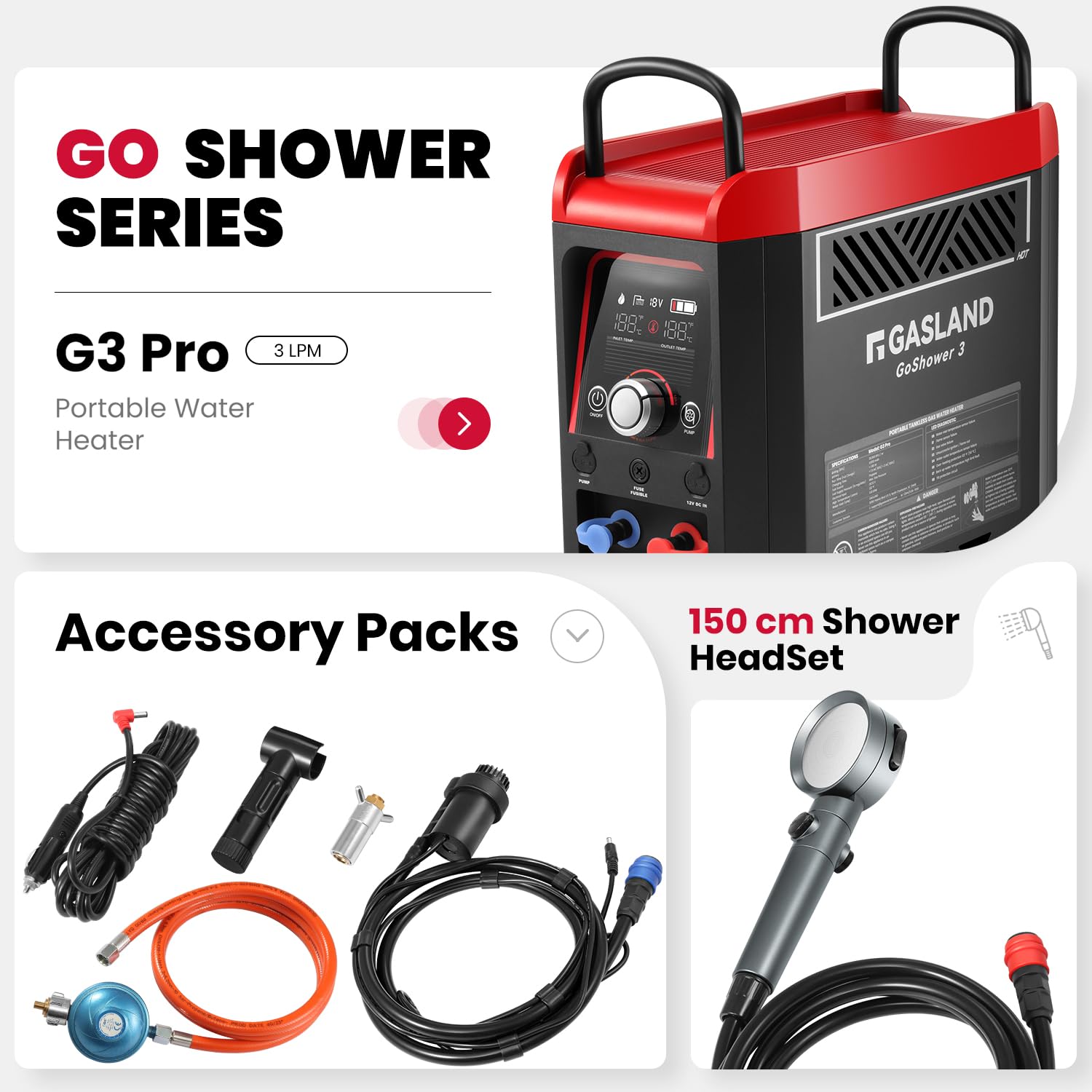 GASLAND Go Shower G3 Pro-DE Gas Durchlauferhitzer, Propan/Butan(50mbar) Wassererhitzer für den Außenbereich, mit wiederaufladbarem eingebautem Akku, heiße Dusche für Camping