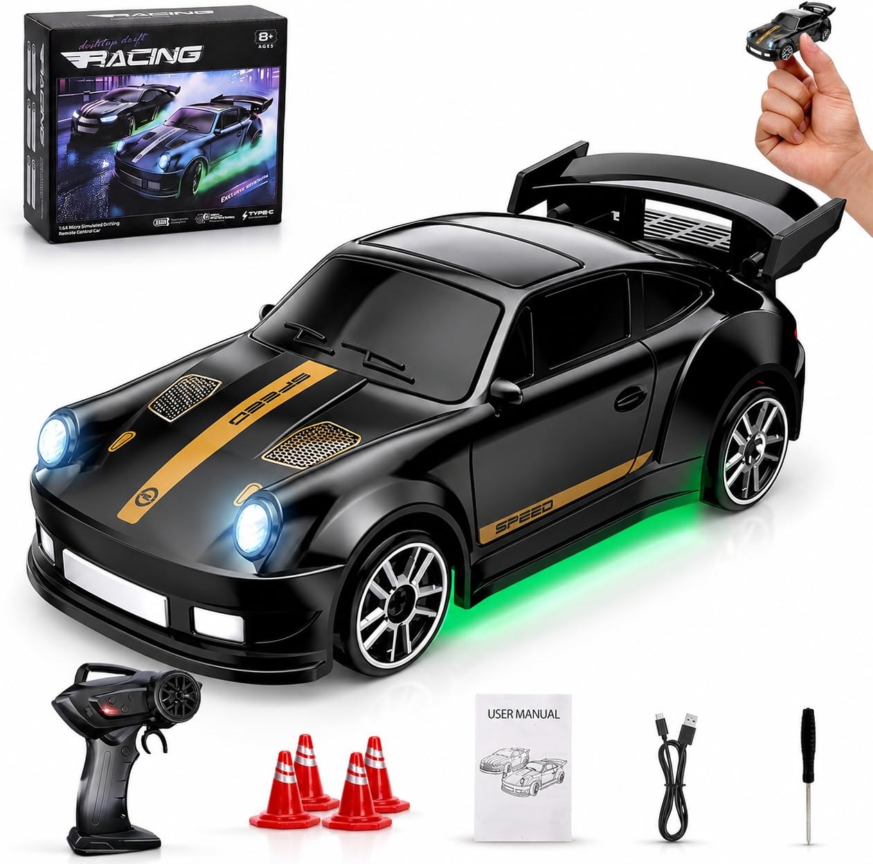 Umikk 1:64 Mini RC Drift Car mit LED-Beleuchtung, Allradantrieb (Stil 3) | 2,4 GHz Mini-Ferngesteuertes Driftauto mit 4 Hindernissen und 2 Geschwindigkeitsmodi, Geschenke für Kinder und Erwachsene