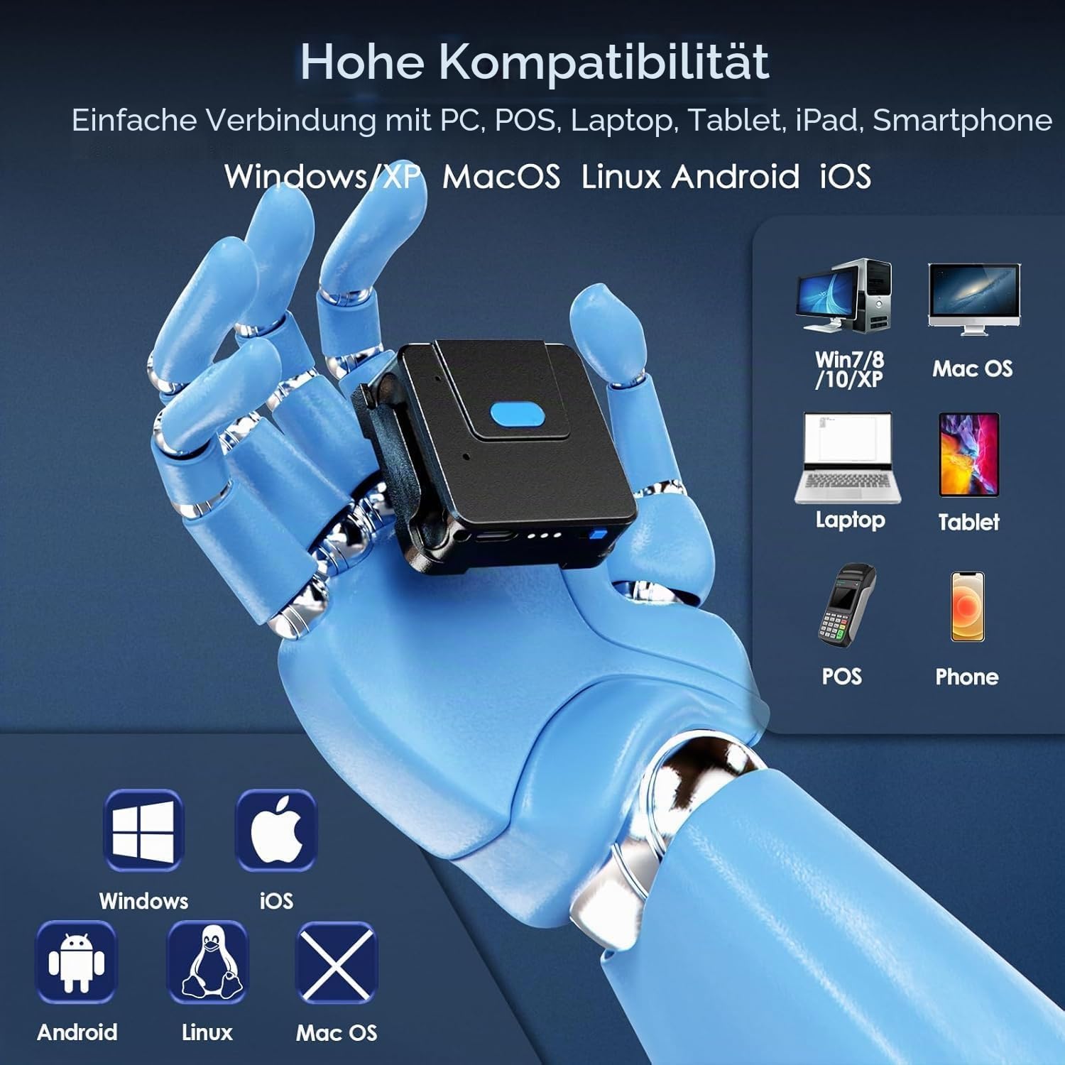 Eyoyo Wearable Glove QR Code Scanner, 1D 2D Finger Ring Bluetooth Barcode Scanner, Links & Rechts Hand Tragbar, Tragbare Drahtlose Buch Inventar Barcode Leser Kompatibel Mit iPhone iPad Android Tablet