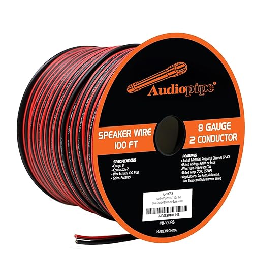 AUDIOPIPE Cable con cremallera para altavoz de calibre 8 (100 pies), cables de altavoz rojo y negro unidos primarios, cable de altavoces trenzados
