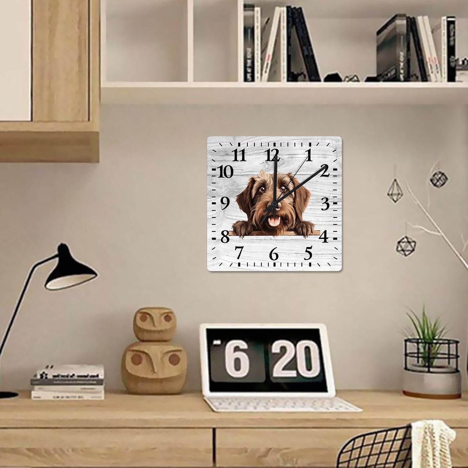 Wirehaired Pointing Griffon Clock Doggy Dog Owner Large Wooden Wall Clock Battery Operated Silent 12 Inch Farmhouse Wall Clock Decorative for Home Kitchen Living Room Bedroom Office