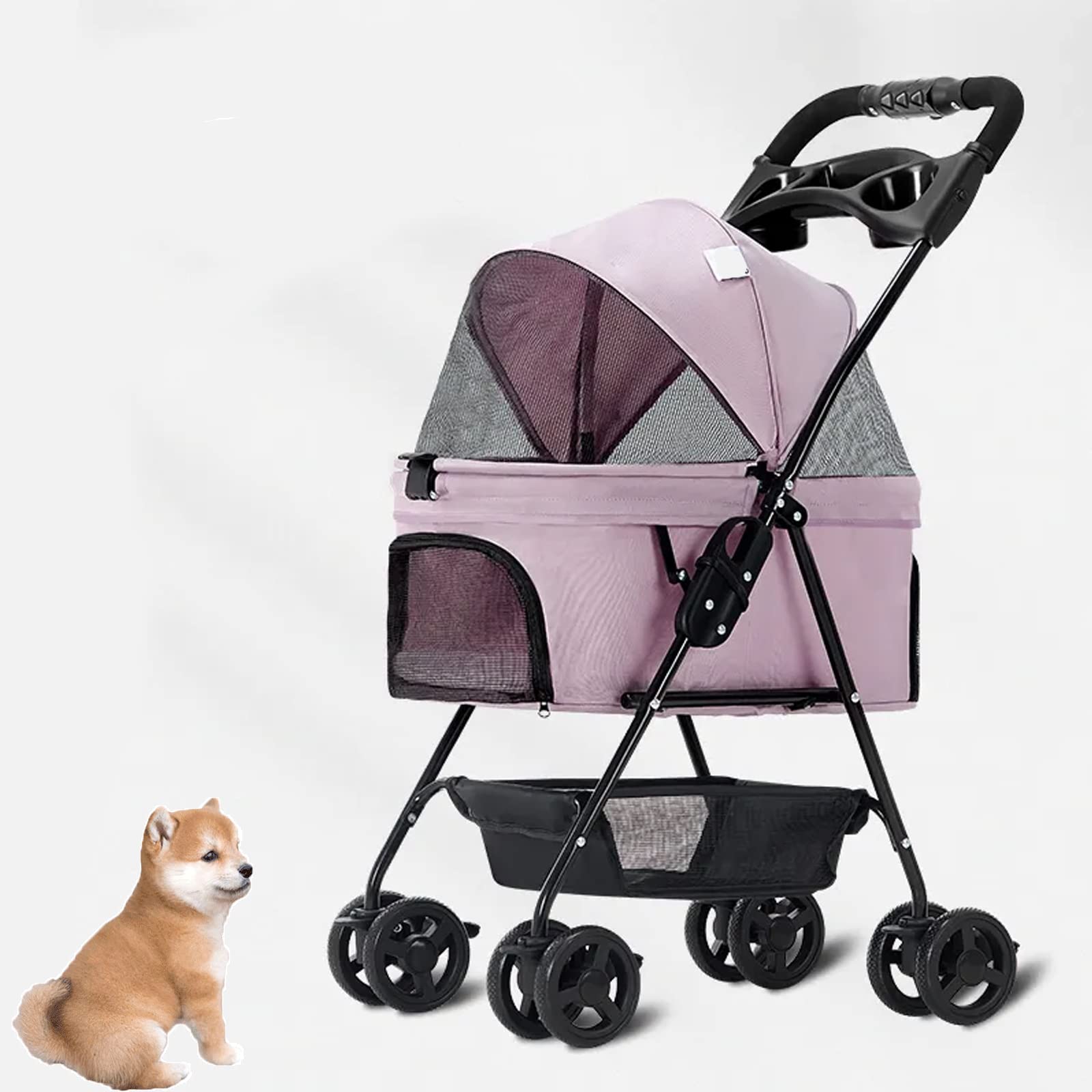Cochecito Para Mascotas, Cochecito Para Perros Y Gatos Para Perros Medianos Y Pequeños Con Cesta De Almacenamiento, Carrito Ligero Plegable Para Transportar Perros, 360 °, Universal, 4 Ruedas,Rosado