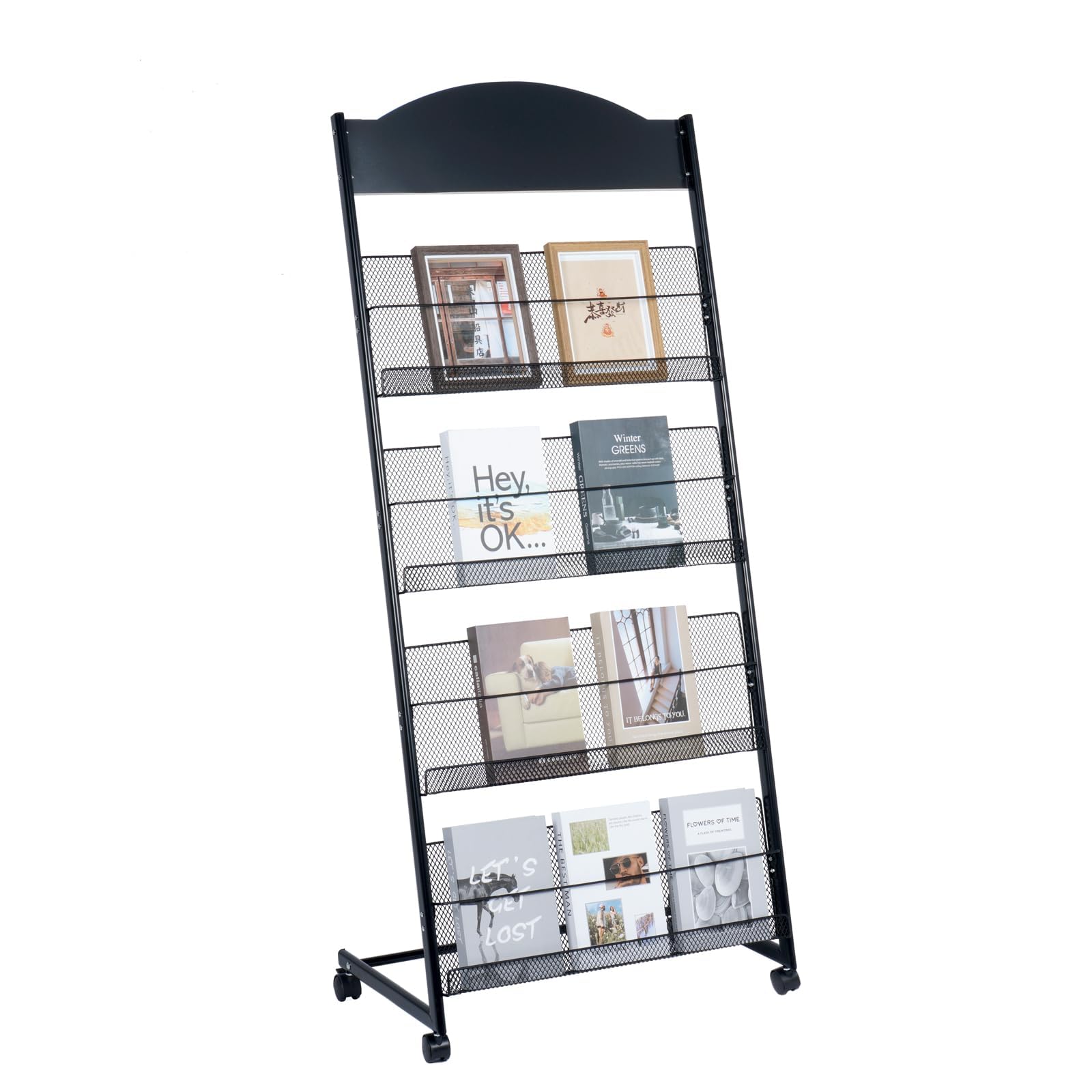 bimiti Prospektständer a4 mit Universalrädern, Zeitschriftenständer 4 Schichten,Schrägsteller Rollbarer Zeitschriftenhalter für Büro, Messen, Messen