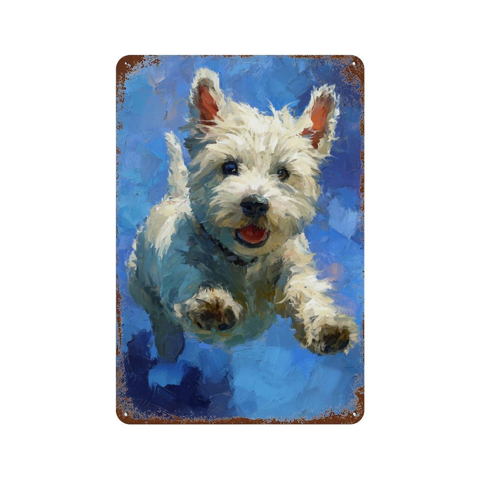 Happy Westie Dog Painting Rusty Metal Tin Sign 11.8"x7.9", Vintage Wall Decor for Garage, Pub Or Kitchen