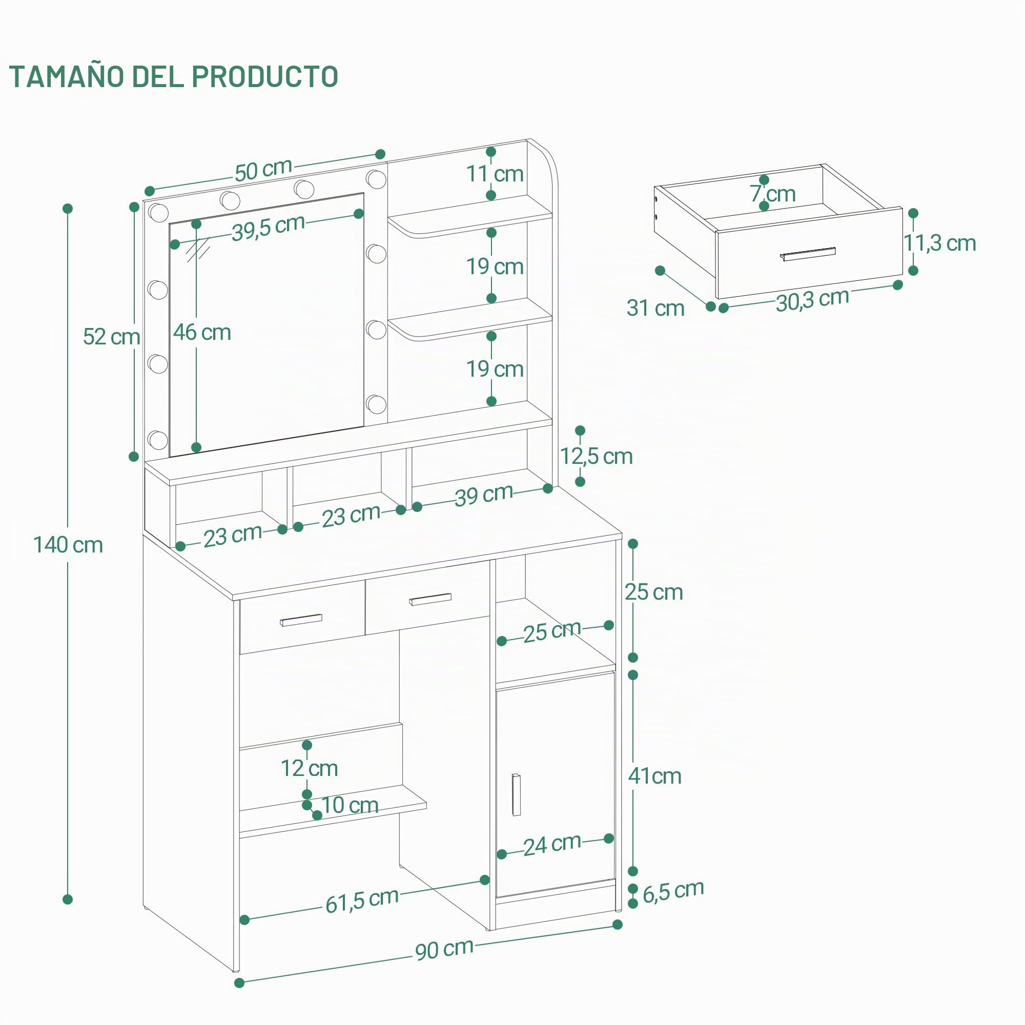 Hzuaneri Tocador, con Espejo y 10 LED Luz Regulable, Mesa de Maquillaje con 2 Cajón y 1 Armario, 3 Estantes y 4 Compartimentos Abiertos, Negro DT32506X