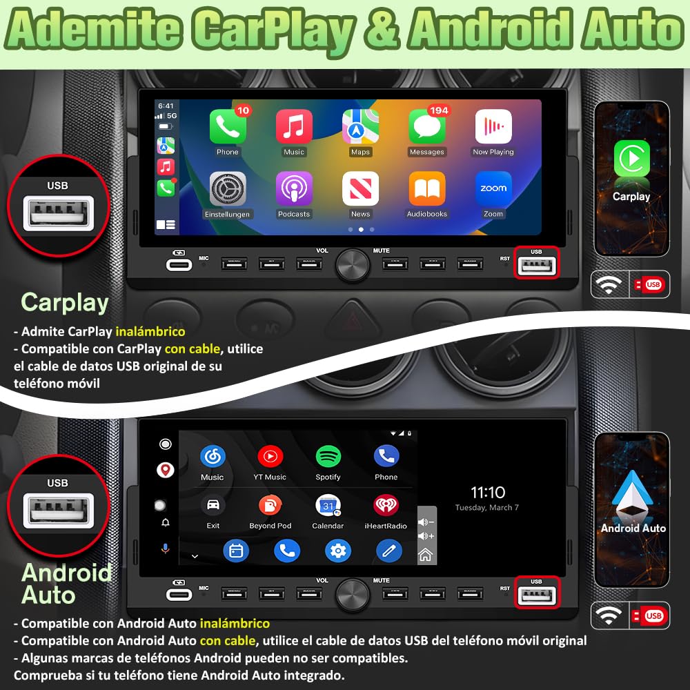 AWESAFE Radio de Coche 1 DIN Universal con Carplay y Android Auto Inalámbrico,Autoradio 1 DIN con Pantalla Táctil de 6.86 Pulgadas y Cámara Trasera, Admite Bluetooth/Mandos Volante/FM/USB