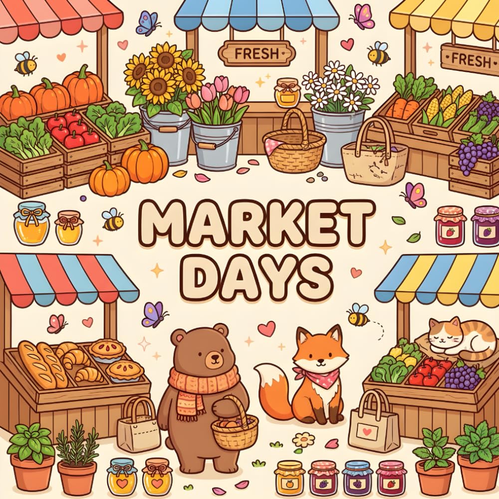 Market Days: Cute & Comfy Coloring Book for Adults: Simple Farmers Market and Shopping Scenes for Stress Relief