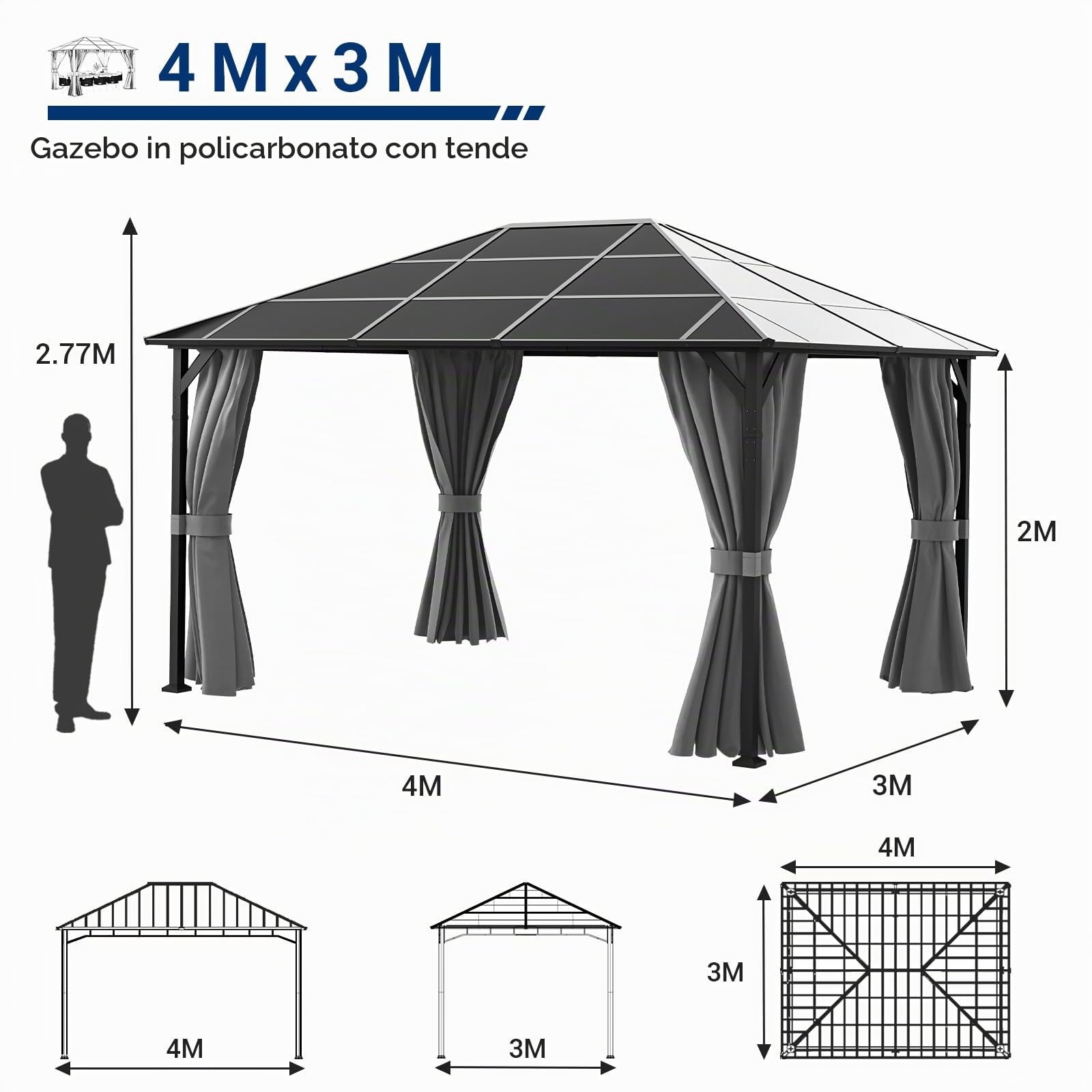UDPATIO Gazebo da Giardino 3x4 m in Policarbonato, Tetto Singolo con Tende, Gazebo per Esterni Resistente al Vento e UV, Struttura in Alluminio per Giardino, Terrazza, Grigio