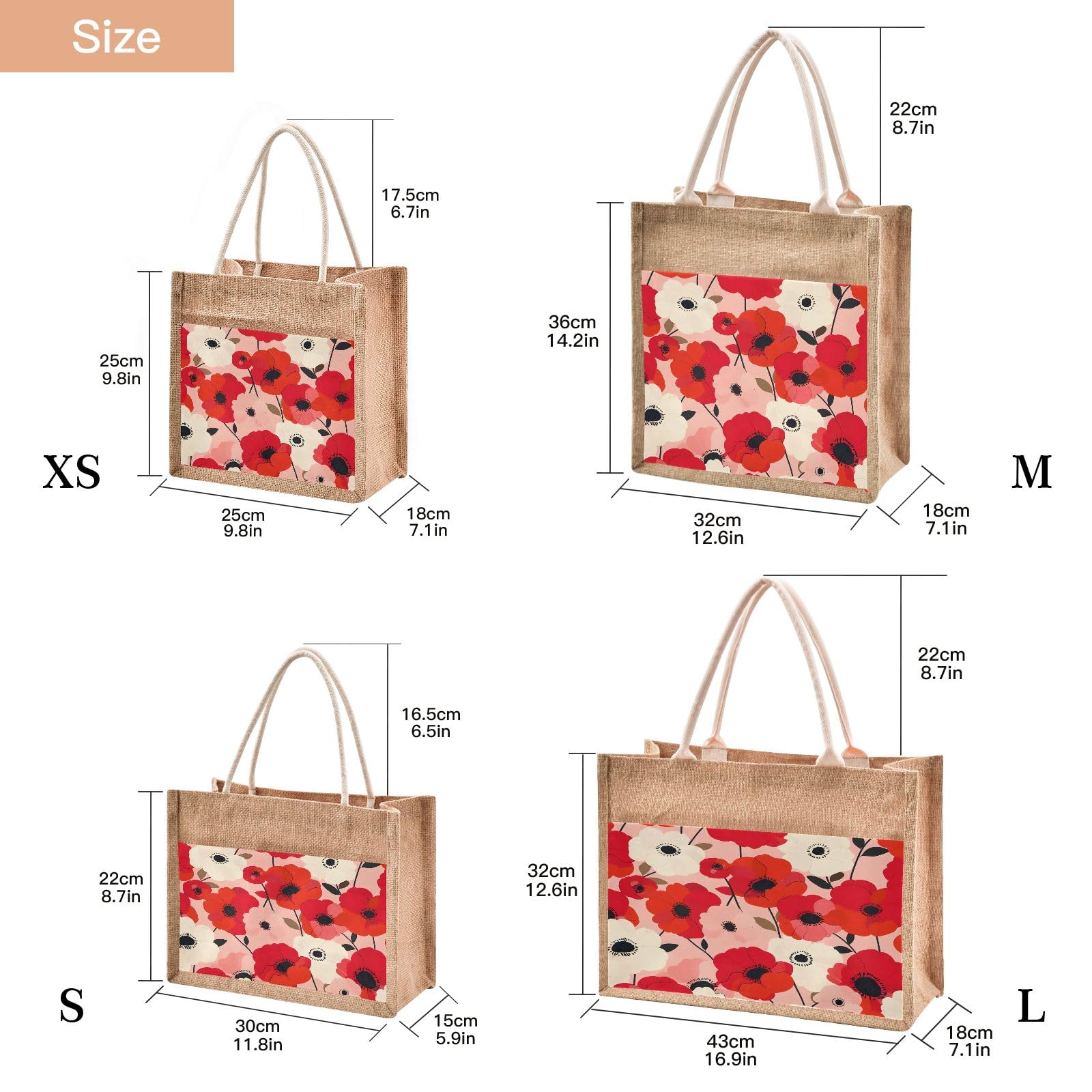 senya Canvas Tote Bag Women Beach Bag Burlap Beach Totes Grocery Shopping Travel Swim Gym Bags 9.8x9.8in Poppy Flowers Softpink Background Pattern