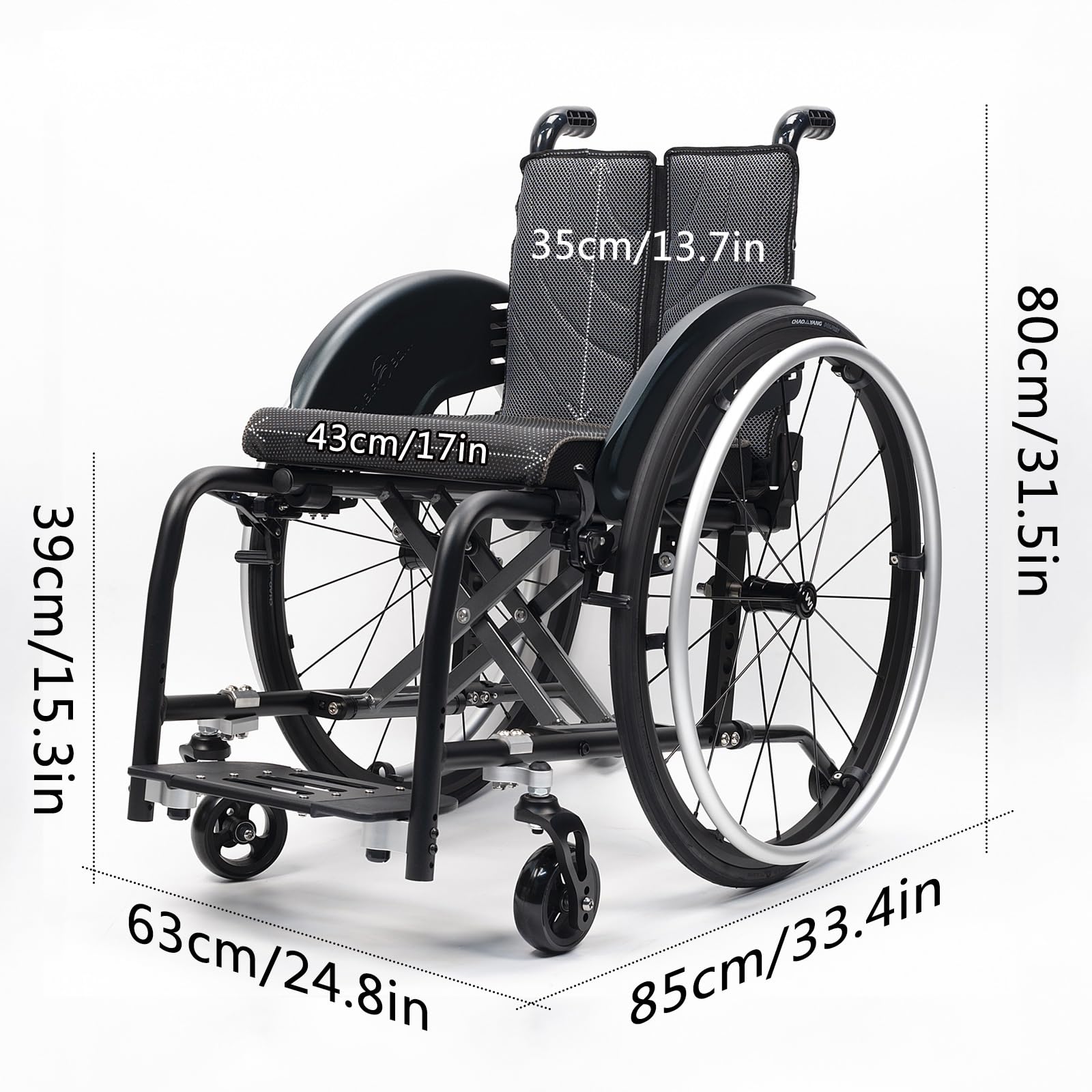 Silla de ruedas manual ligera, silla de ruedas deportiva ultraligera portátil todo terreno, silla de ruedas plegable, sillas de ruedas de transporte con antivuelco(Black A,43cm/17in)