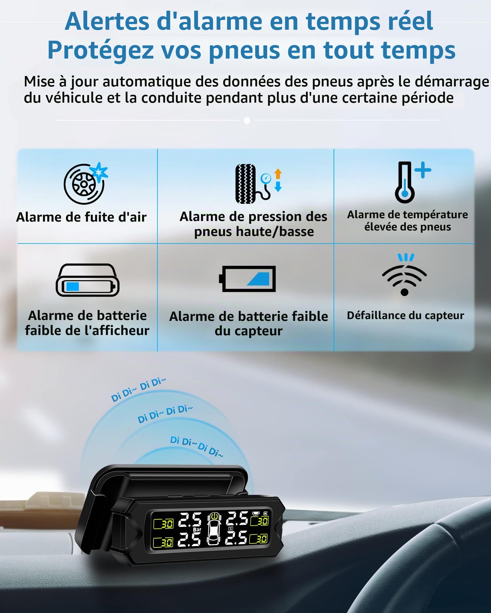 Système De Surveillance De La Pression Des Pneus Tpms Moniteur De Pression Des Pneus Réglable Et Amovible Solaire Avec 6 Modes D'alarme Et Détection Automatique En Temps Réel Pour Voiture 22-87 Psi
