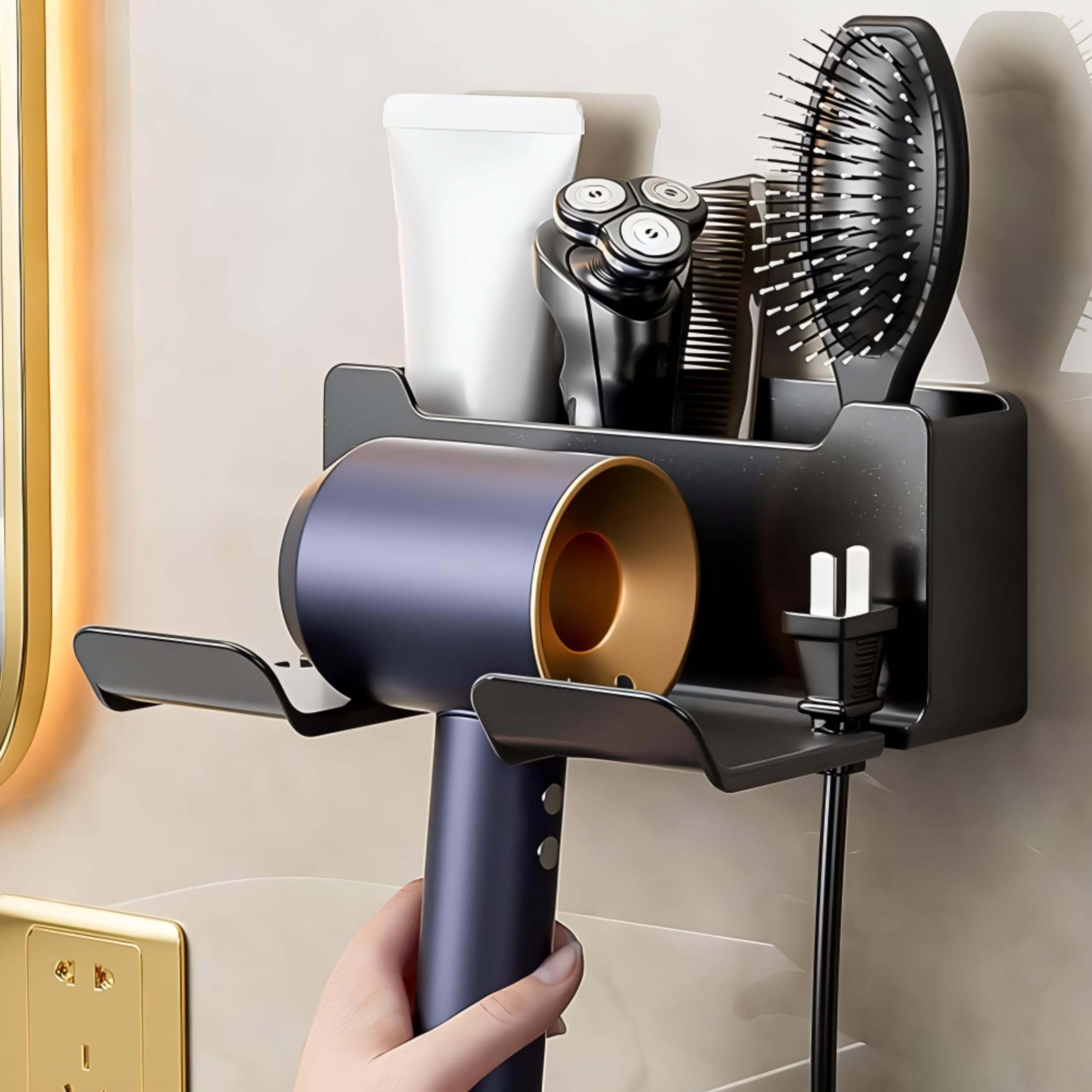 Cisily Black ABS Plastic Wall Mount Hair Dryer Holder & Organizer - Medium (12.5cm x 16.5cm x 7cm) - Hair Styling Tool Storage - Bathroom Use - Image 2 thumbnail