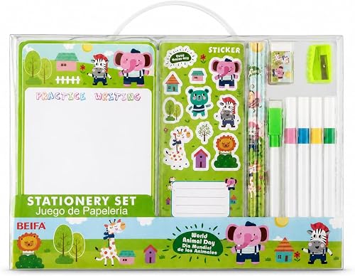 Animal Stationery Set for Kids, Writing Board, Stickers, Colour Pens, Pencils & Sharpener