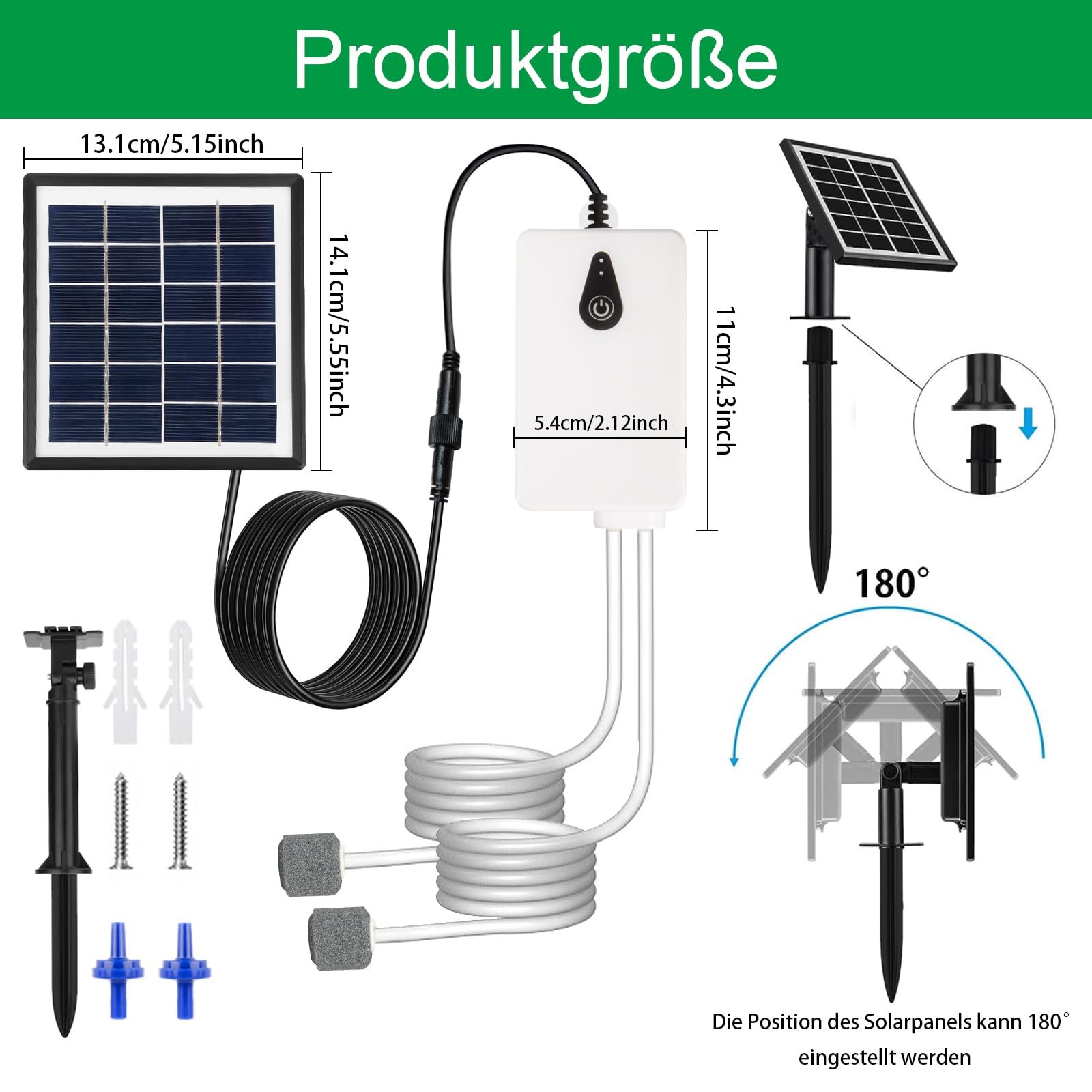 Pompes à air solaires, chargement USB et chargement solaire sont disponibles, oxygénateur de 2 W pompe à air d'aquarium, aérateur de pêche avec tube, pierres à bulles, pompe à oxygène solaire