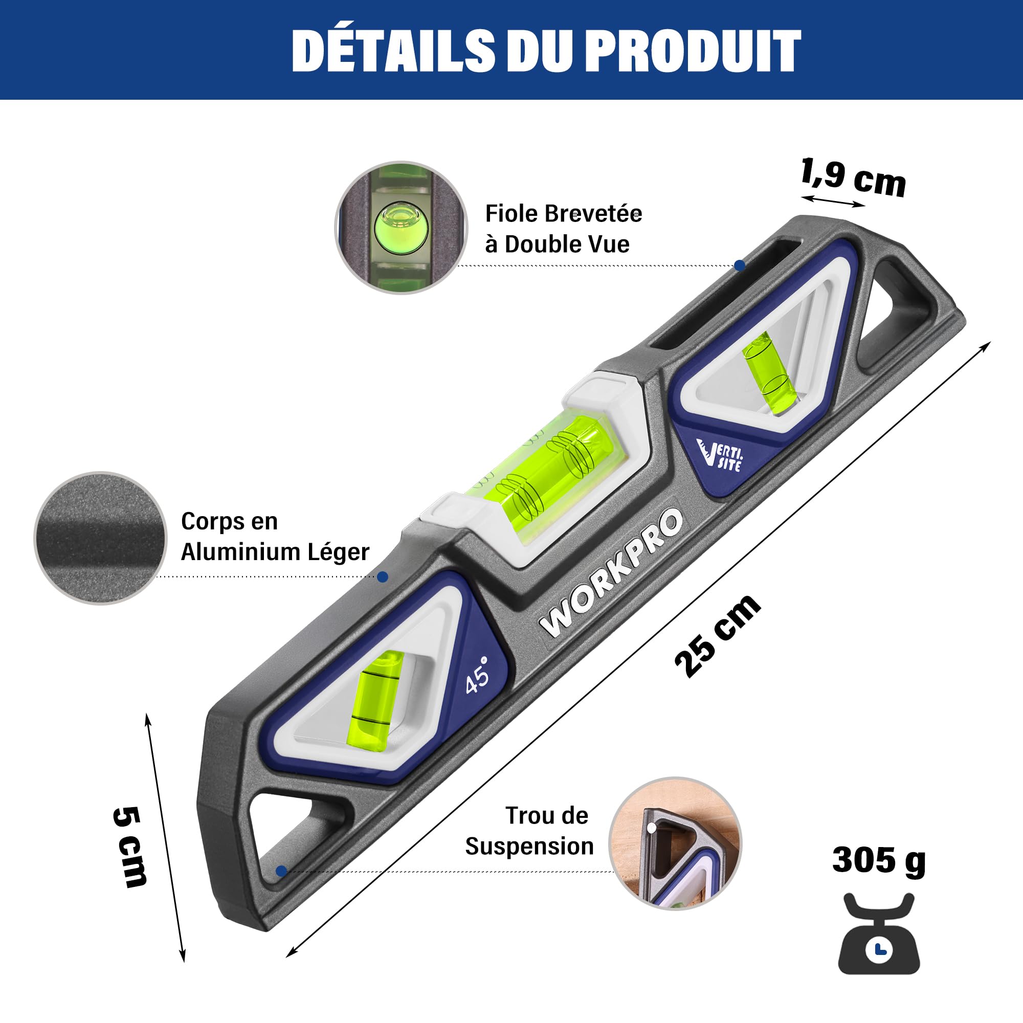 WORKPRO Niveau Torpédo Magnétique en Alliage d’Aluminium 25 cm | 3 Fioles 45°/90°/180°, Précision 0,5 mm/m, Fioles à Double Lecture Brevetées