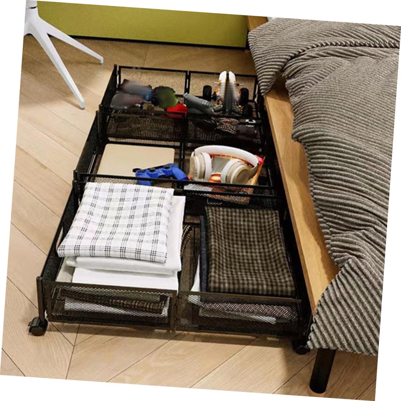 Bed Storage Organizer Drawers with Wheels Foldable Metal Storage Rack for Small Bedrooms Black Patterned Space Saving