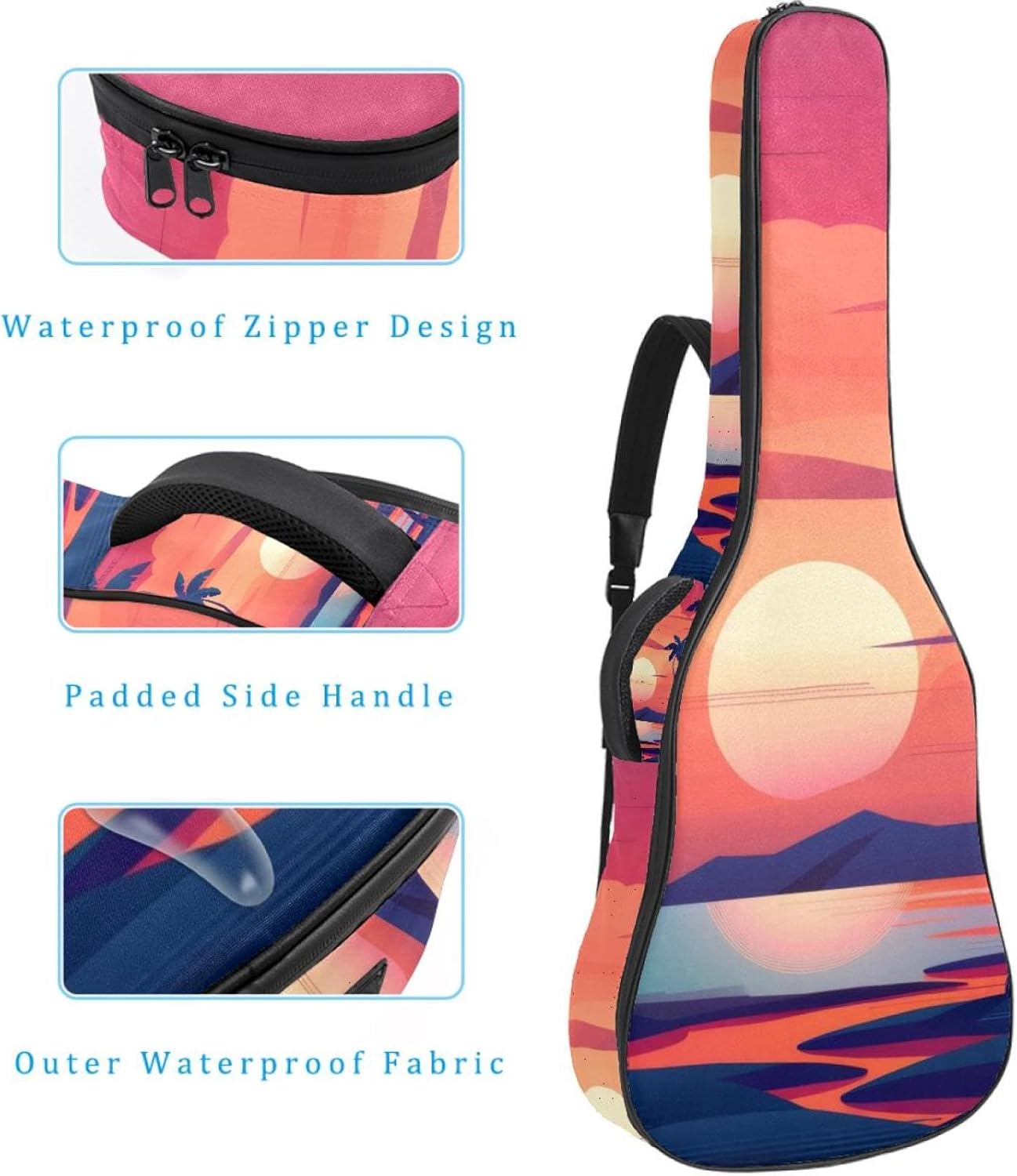 Acoustic Guitar Gig Bag 1 cm Thick Padding, Waterproof Electric Guitar Bag 40-42 Inch Guitar Case Backpack with Dual Shoulder Strap, Landscape Sunset with the Palm Trees