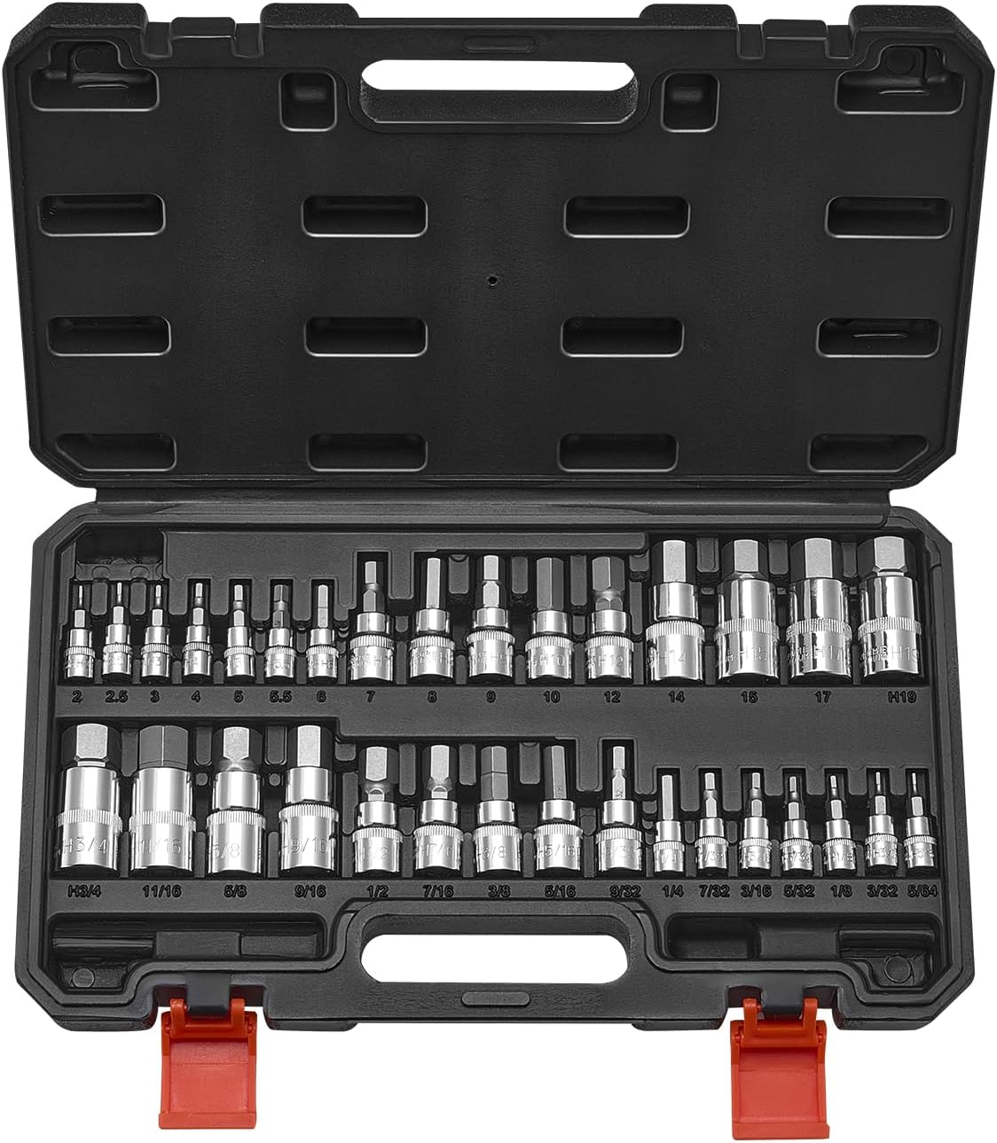 VEVOR Hex Bit Socket Set, 32-Piece, S2 Alloy Steel and Cr-V Steel, Standard SAE and Metric, 1/4 in, 3/8 in, and 1/2 in Drives, with Enhanced Storage Case, Allen Socket Set for Mechanics, Auto Repair
