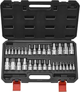 VEVOR Sechskant Steckschlüsselsatz 32-teilig, S2-Legierungsstahl & Cr-V-Stahl, Standard SAE & metrisch, 1/4 Zoll & 3/8 Zoll & 1/2 Zoll Antriebe, mit Aufbewahrungskoffer, für Mechaniker Autoreparatur