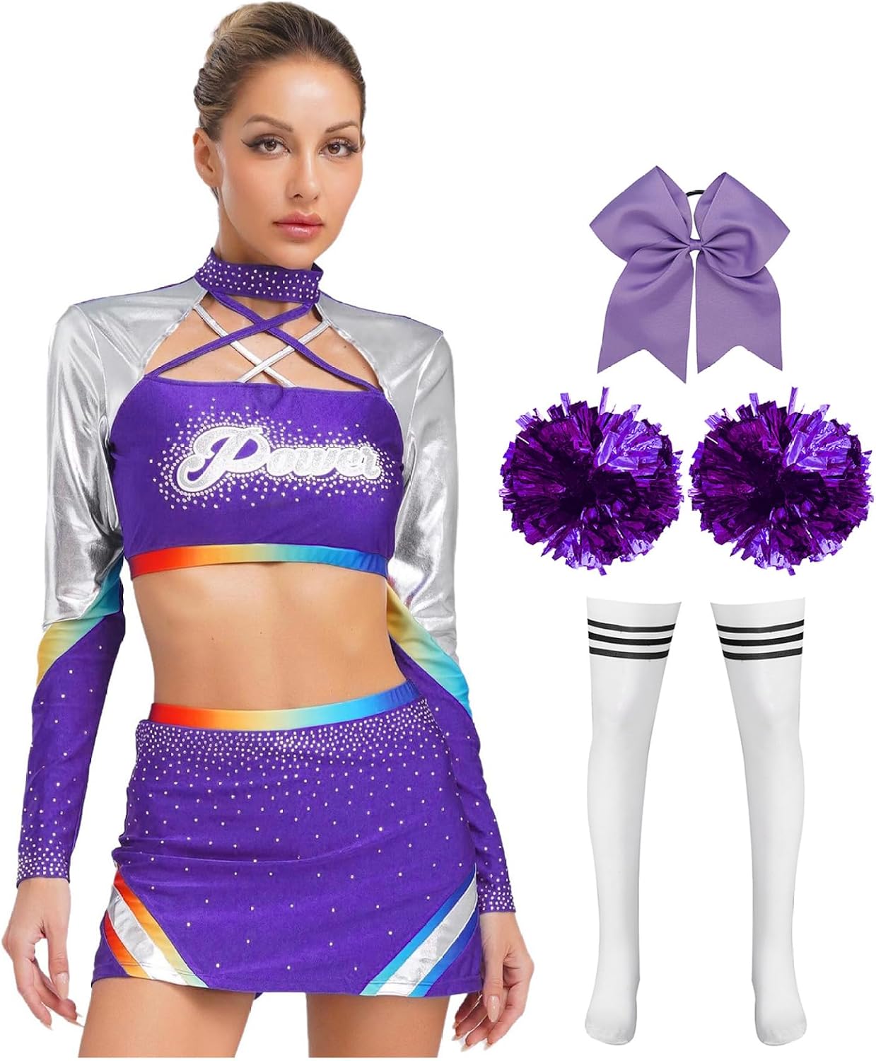 Women's Dance Cheer Uniform Set Mock Neck Long Sleeve Crop Top with Mini Skirt Outfits