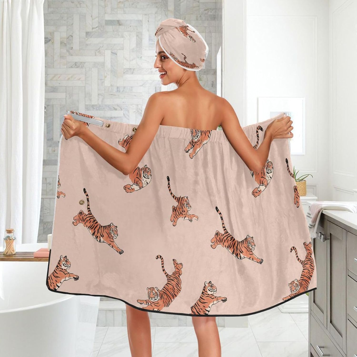 Women's Spa Towel Wrap Set of 3, Cute Tiger Bathrobe Shower Bath Body Wrap with Adjustable Closure#783