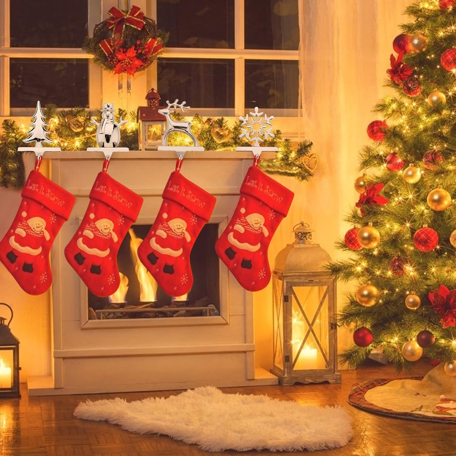 Christmas Stocking Holders for Mantel Set of 4 Reindeer Snowflake Snowman Pine Tree Vintage Metal Standing Stocking Hook Silver Sturdy Stockings Hanger for Fireplace Counter Window Decoration