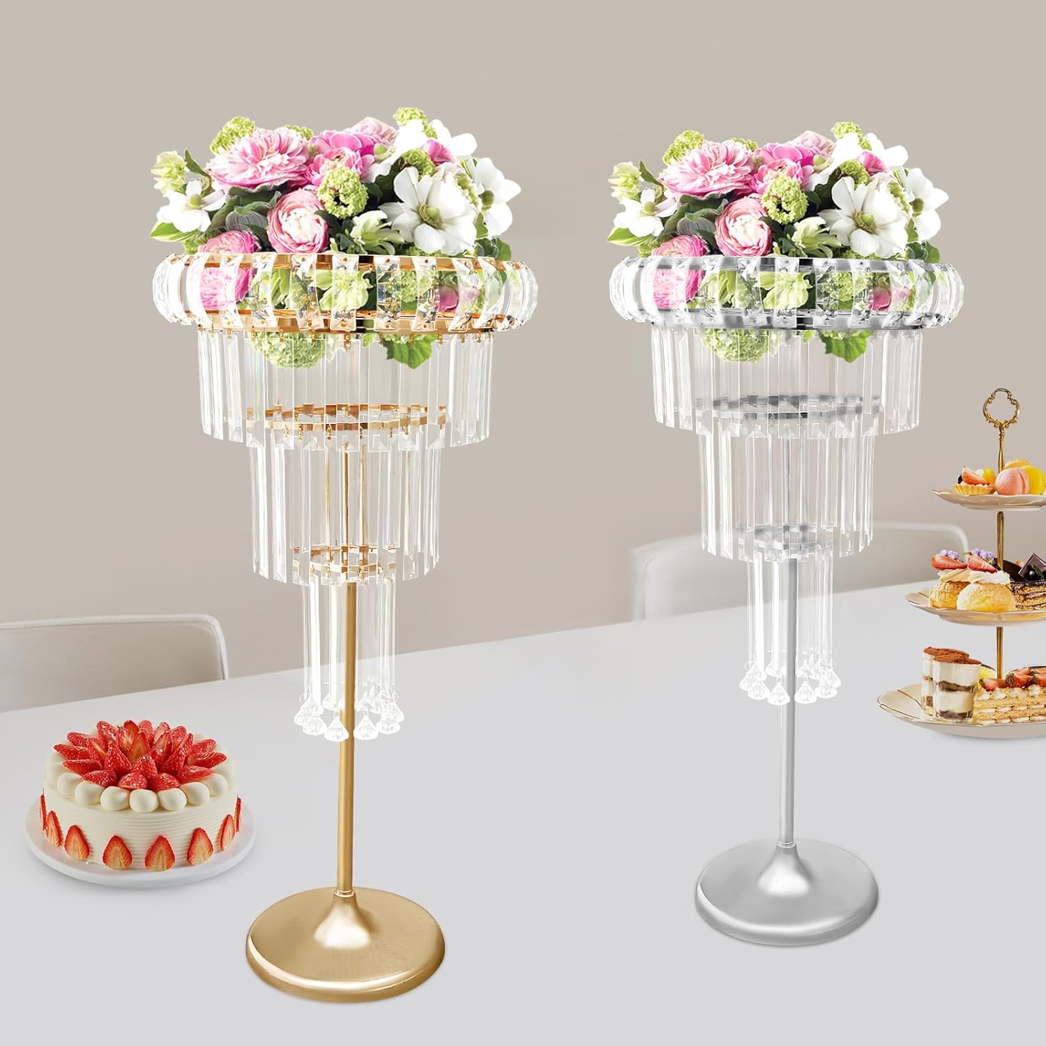 4 Tier Wedding Gold Vases Centerpieces Crystal Flower Stand with Hanging Crystals, Round Chandelier Pedestal Stand for Wedding Road Lead T Stage Flower Arrangement Decoration (Sliver)
