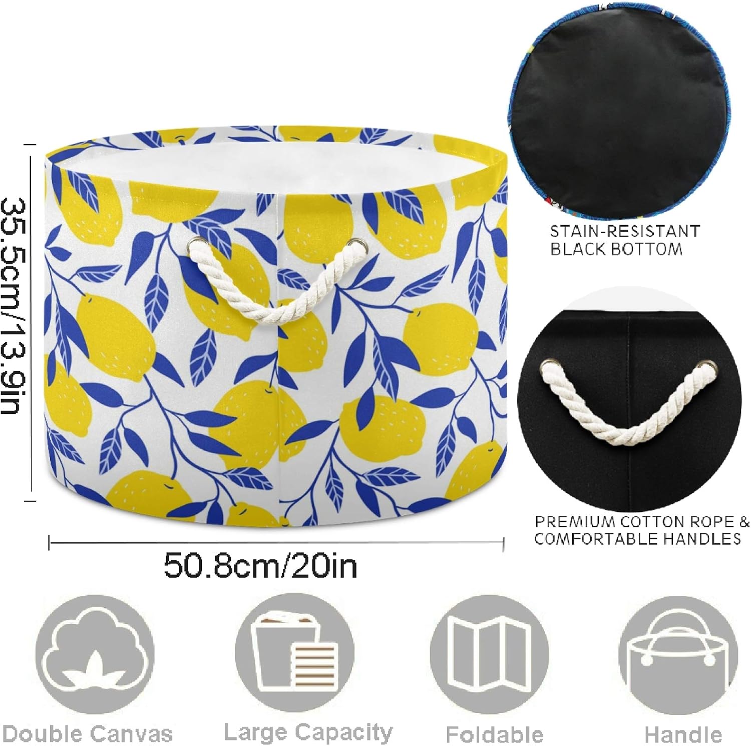 visesunny Storage Basket Yellow Lemon With Blue Leaf Nursery Hamper Canvas Fabric Toy Storage Organizer Bin Storage Box Laundry Basket for Kid Rooms,Playroom,Shelves,Toy Basket,Gift Basket