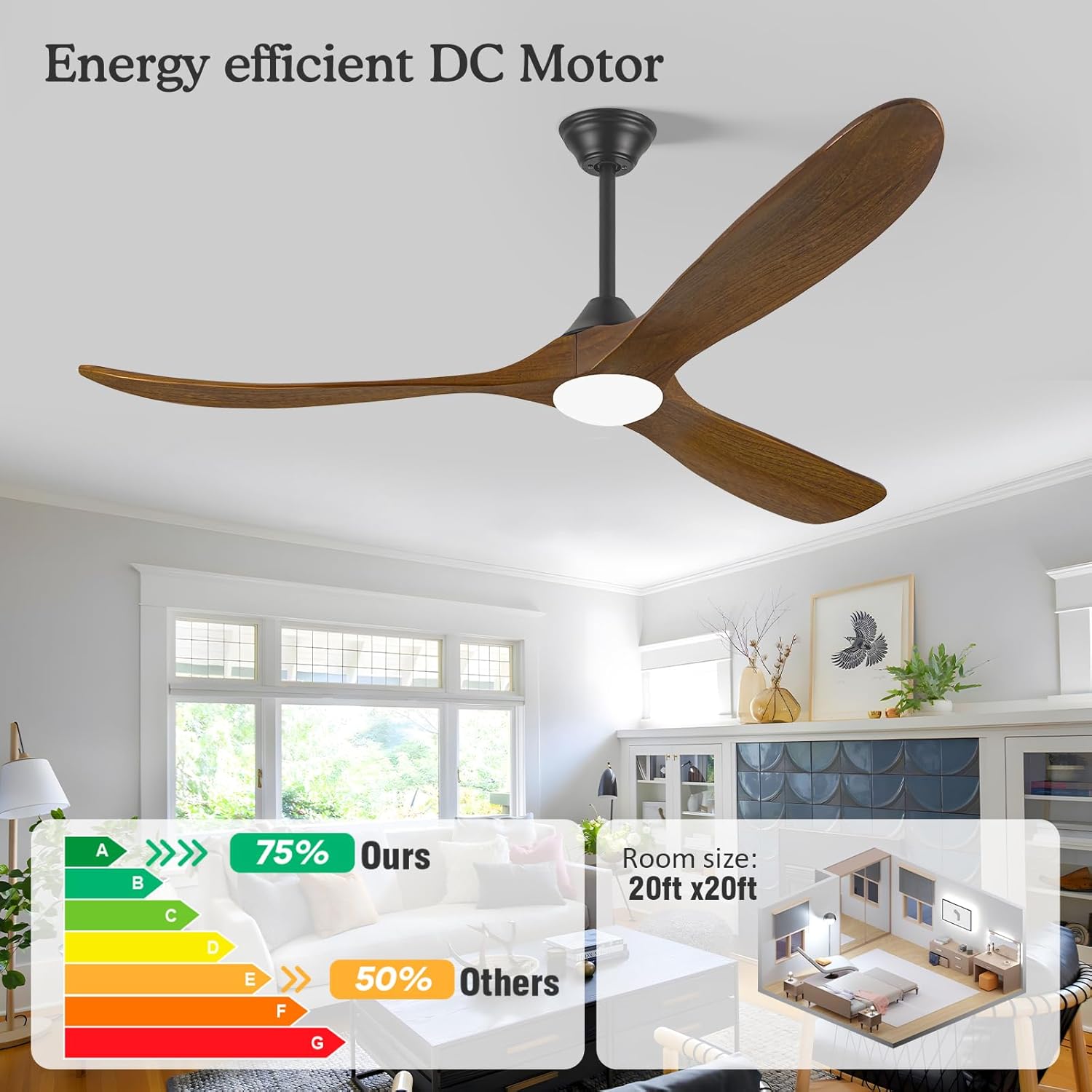 Outdoor Ceiling Fan with Light, 52 Inch Wood Ceiling Fan for Patio & Indoor Use, Farmhouse & Modern Style, Quiet DC Motor, 3 Color Temps, Dimmable, Damp-Rated – Includes Remote & 3 Downrods