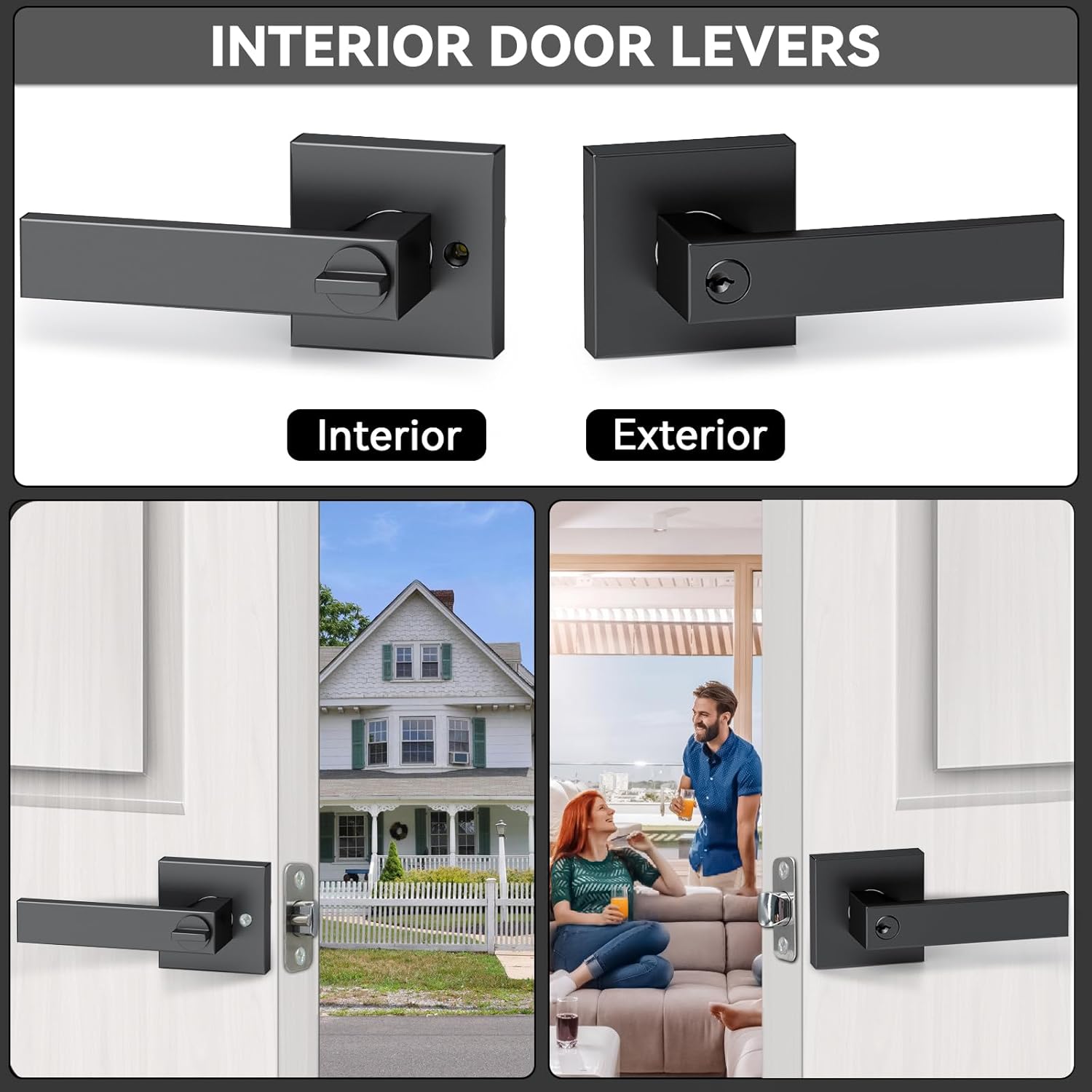 AceMining 2 Pack Keyed Entry Square Black Door Handle Lever Set, Interior and Exterior Door Handles, Complete Exterior Door Lock Set with Deadbolt,‎ Stainless Steel, Black