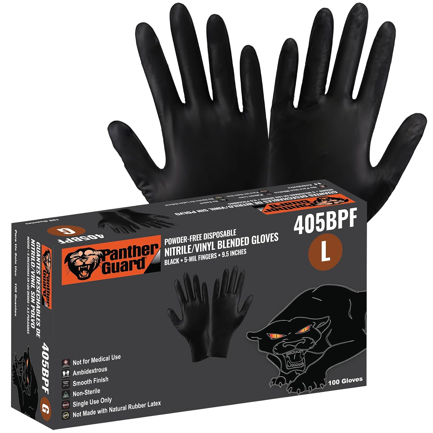 Panther-Guard Industrial-Grade Disposable Gloves, Latex and Powder-Free, Black Nitrile/Vinyl Blend, Smooth Finish, 100 Ambidextrous Gloves, Large