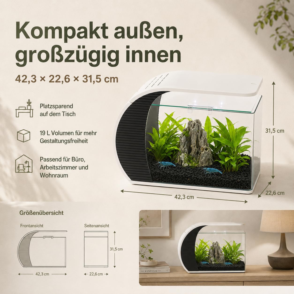 5 GallonAquarium, Mit LED Beleuchtung Und Wasserpumpe Fassungsvermögen Für Zierfische Krabben Pflanzen Ideal Für Wohnzimmer Schlafzimmer Büro Dekoration