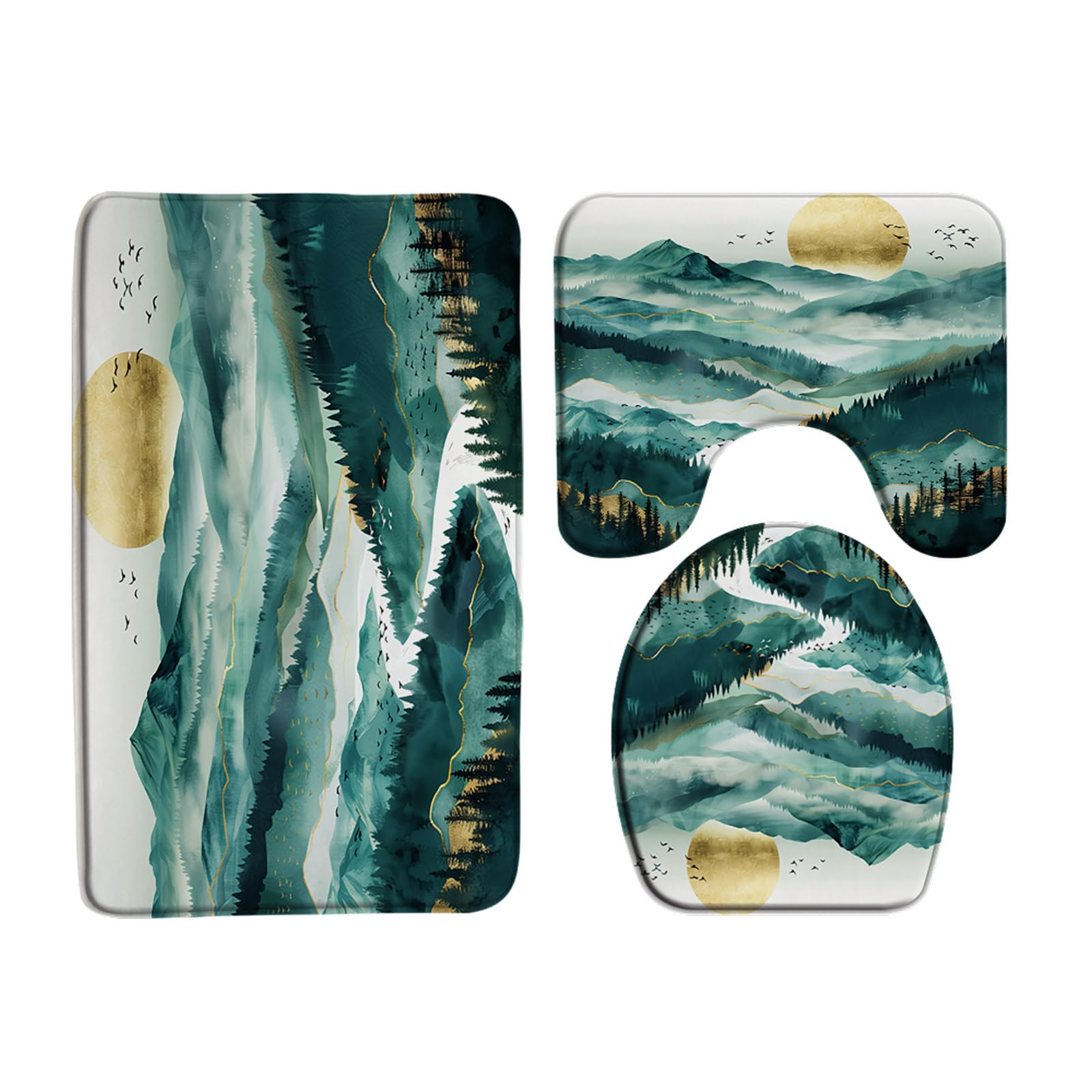 AYDSMYD 3 Piece Mountain Bath Mat Misty Forest Mountain Stream Abstract Watercolor Nature Sun Bird Landscape Rustic Bathroom Bathtub Floor Rugs Absorbent Doormat Toilet Decor