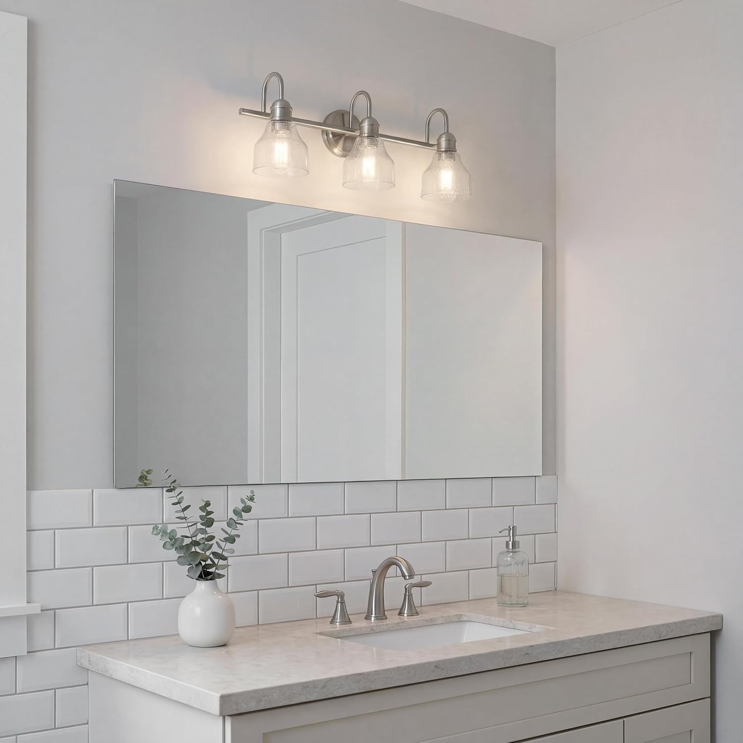 Kichler Avery 24" Vanity Bath Light in Brushed Nickel, Vintage 3-Light Bathroom Wall Mount Fixtured with Clear Seeded Glass, (24" W x 9.25" H), 45973NI