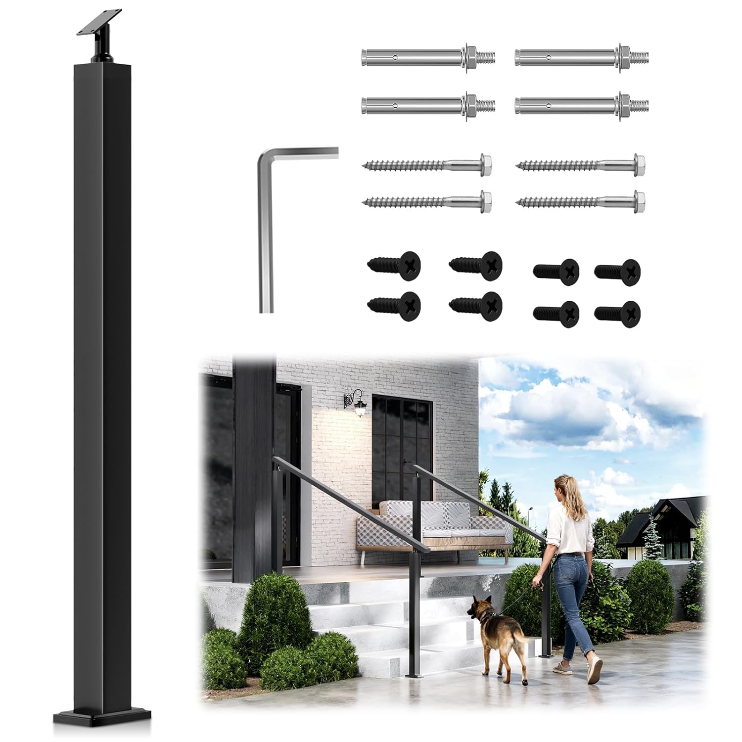 36" Undrilled Railing Handrail Post for Stair, Heavy Duty Stainless Steel T304 Holeless Railing Post for Outdoor Use, Non-Perforated Black Deck Post for Steps Fit Commercial ADA Standards