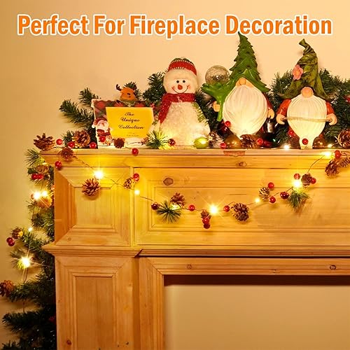 Miniatura 6 de Rocinha Paquete de 2 guirnaldas de Navidad con luces  7.2 pies 20 luces LED de pino rojo bayas, funciona con pilas para chimenea, decoración de