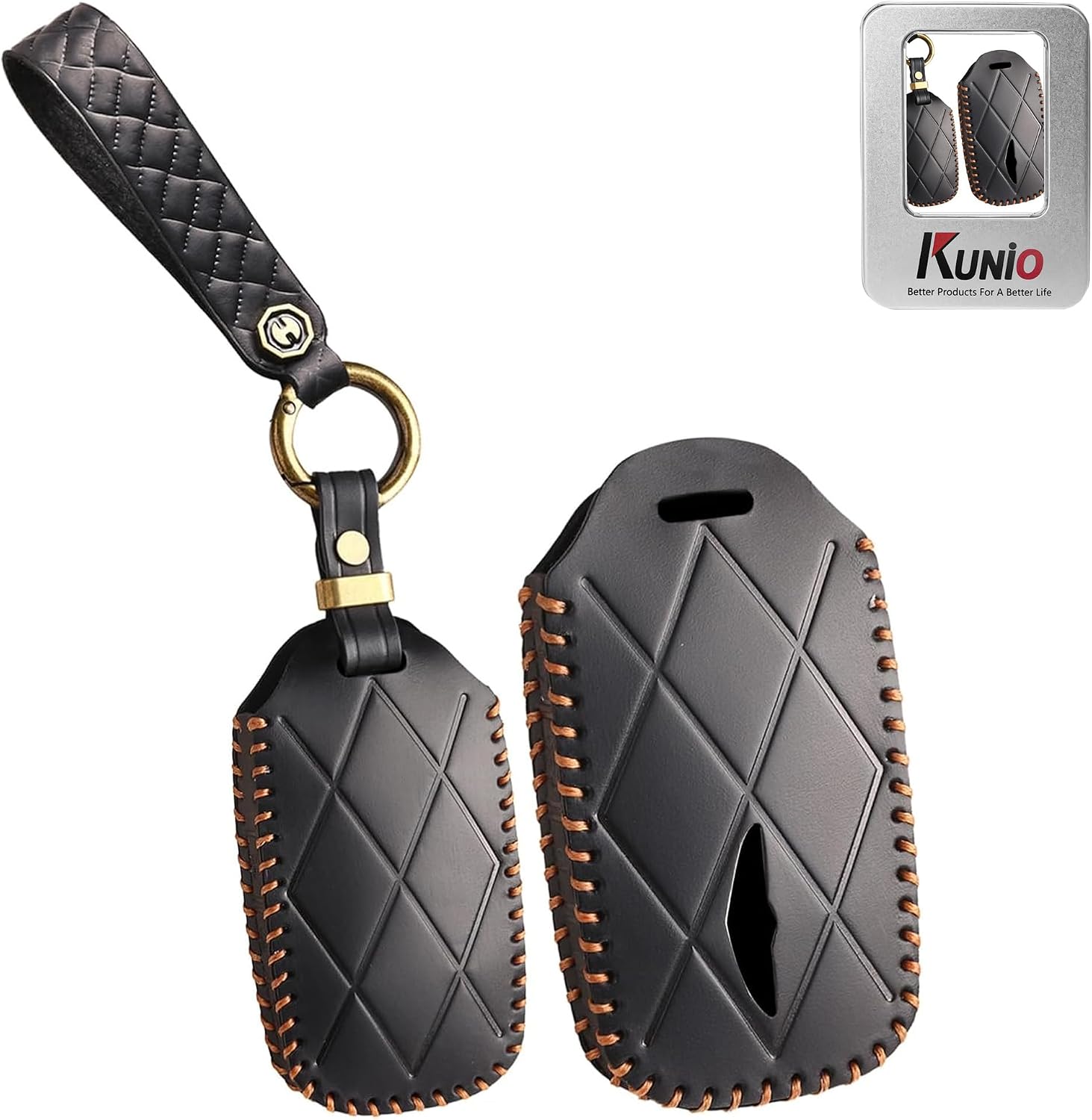 KUNIO Cowhide Leather Car Key Fob Cover Case Fit for Hyundai Genesis GV60 G70 GV80 2025 G90 2024 G90RS4 Keychain Hand Made Key Fob Holder Protector Accessories Birthday Gift 8 Button Black