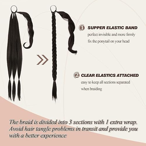 Miniatura 123 de BARSDAR 30 Inch Long Braided Ponytail Extension with Hair Tie - Straight Sleek Wrap Around Brown Braided Ponytail Hair Extensions - Synthetic Pony